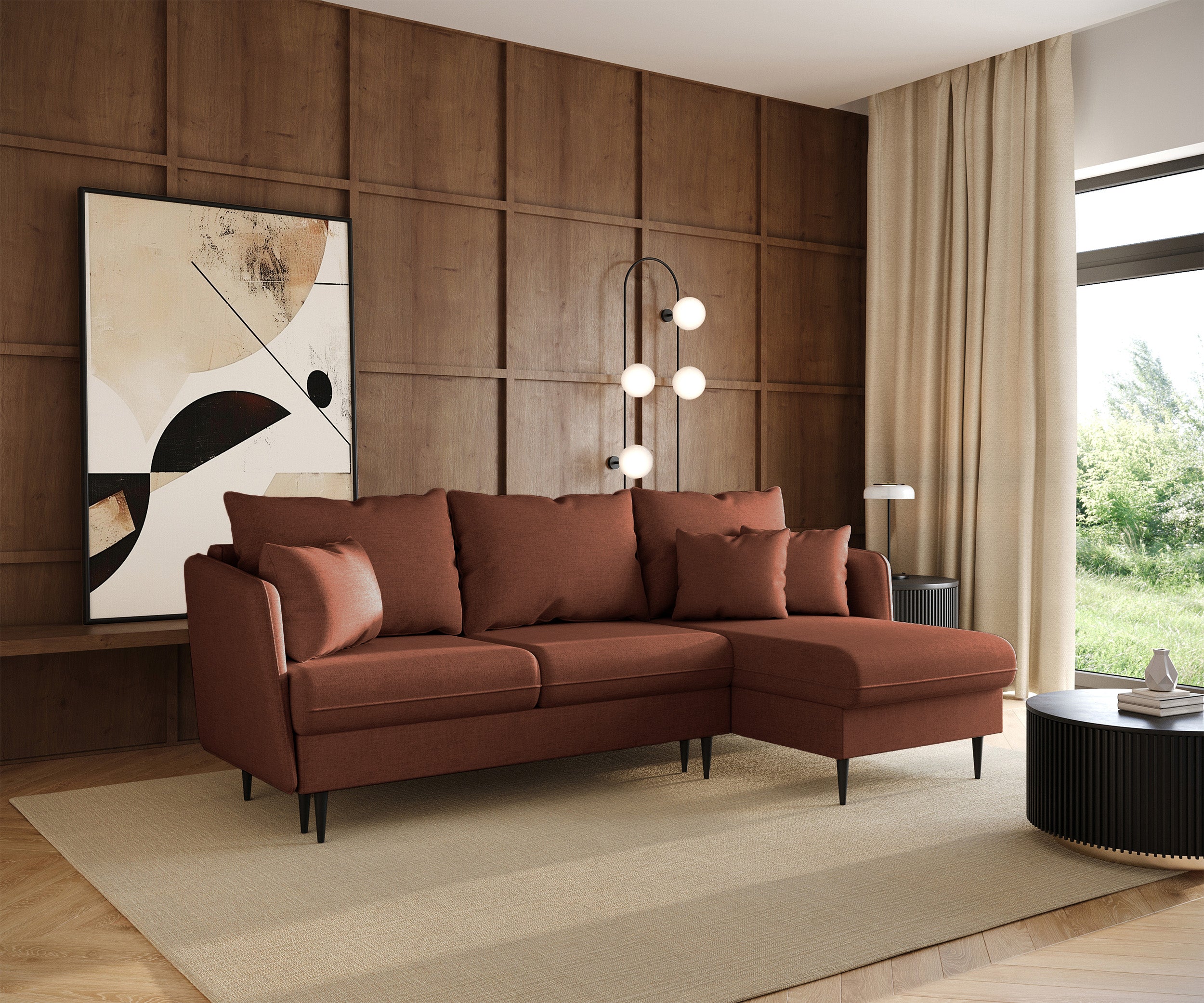 Ecksofa mit Schlaffunktion Volio L-förmig kupferfarbener Chenille Stoff, schwarze Beine