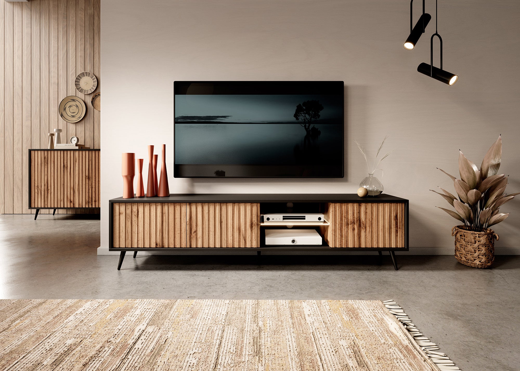 TV-Schrank Bello mit Lamellenfronten 175 cm schwarz/Wotan-Eiche mit LED