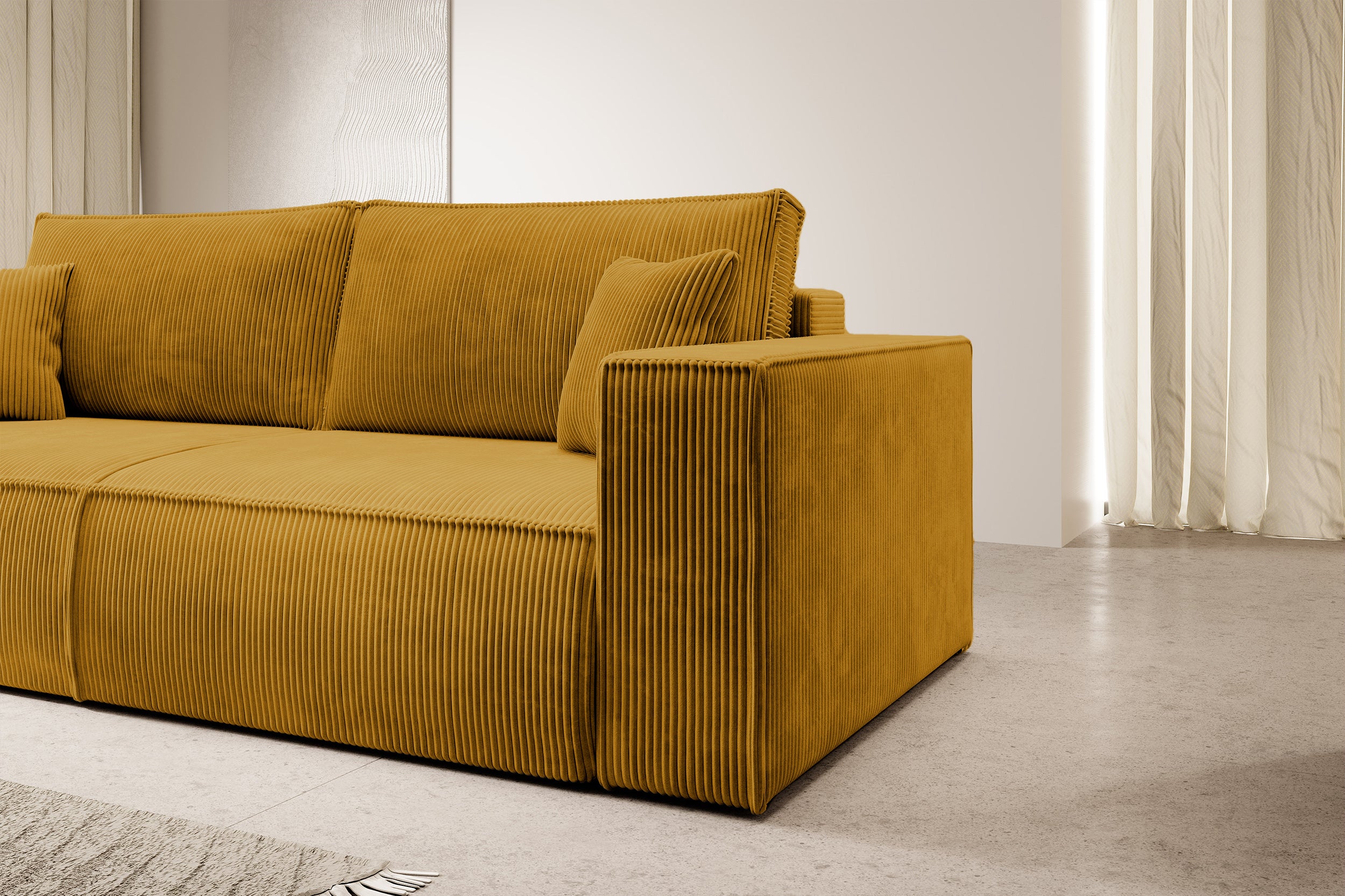 Dreisitziges ausklappbares Sofa Farese mit Stauraum, senfgelber Cord