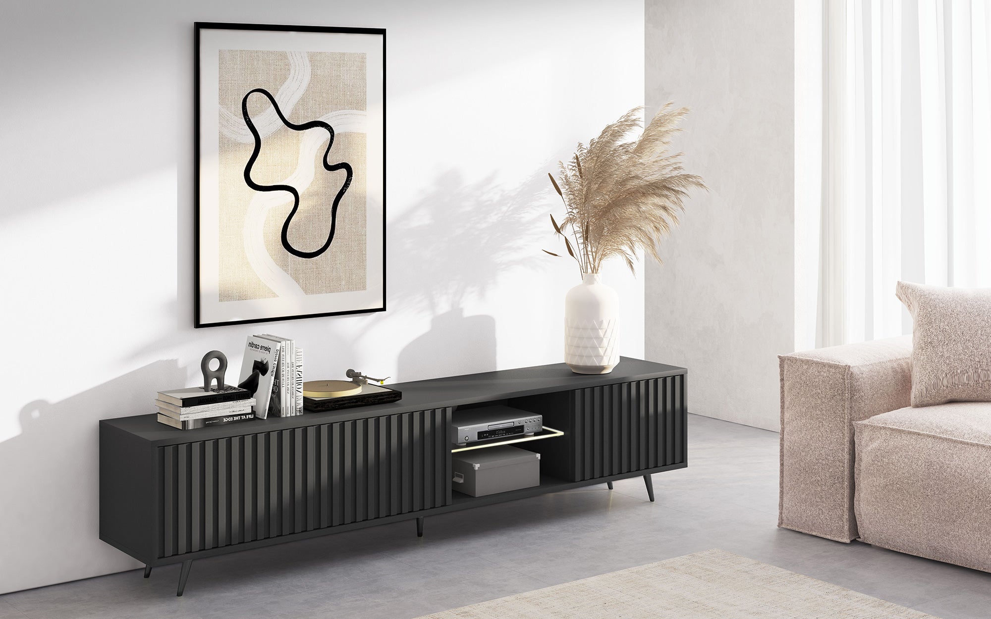 TV-Schrank Bello mit Lamellenfronten, 175 cm, schwarz, mit LED und schwarzen Beinen