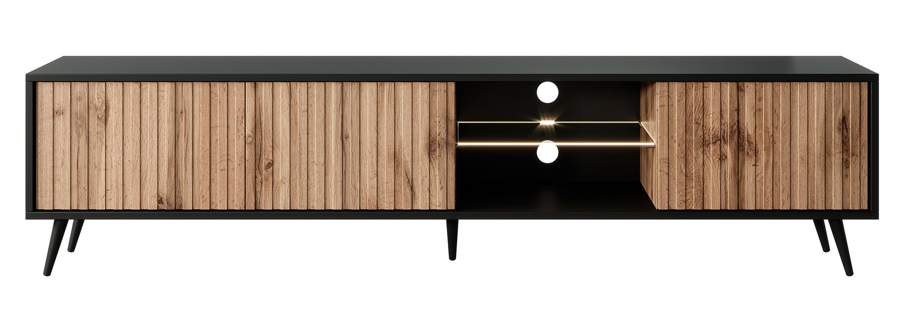 TV-Schrank Bello mit Lamellenfronten 175 cm schwarz/Wotan-Eiche mit LED