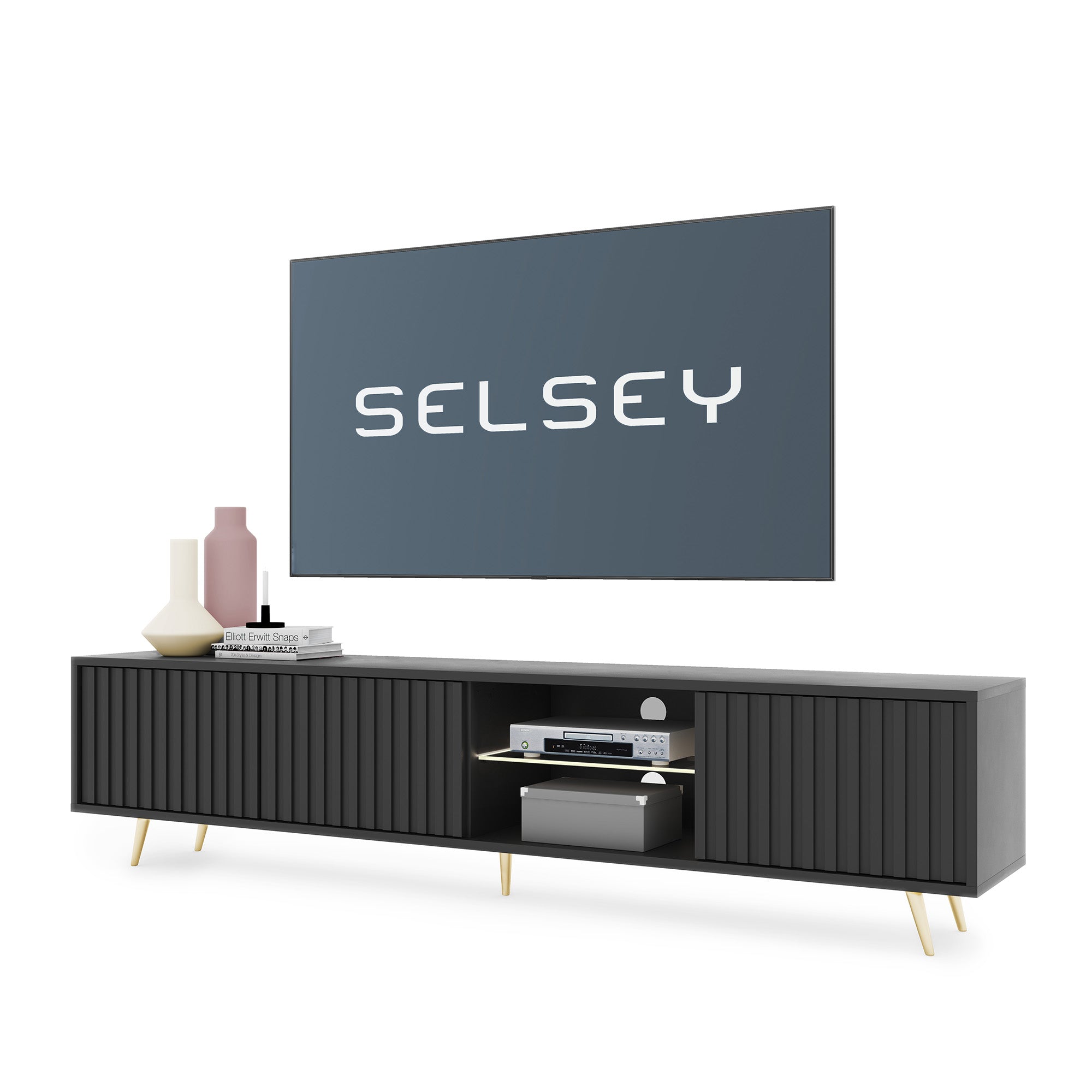 TV-Schrank Bello mit Lamellenfronten, 175 cm, schwarz, mit LED und goldenen Beinen