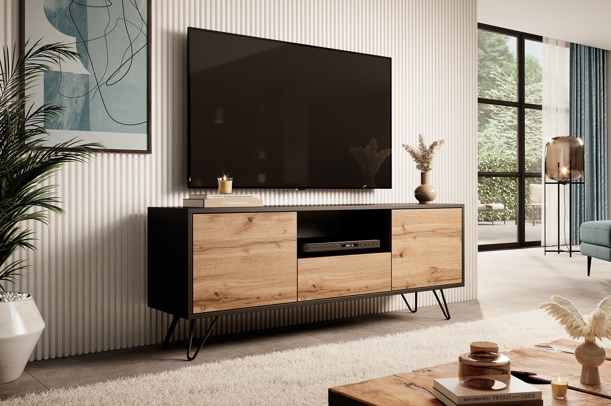 TV-Schrank Ploystea 137 cm Schwarz / Wotan-Eiche