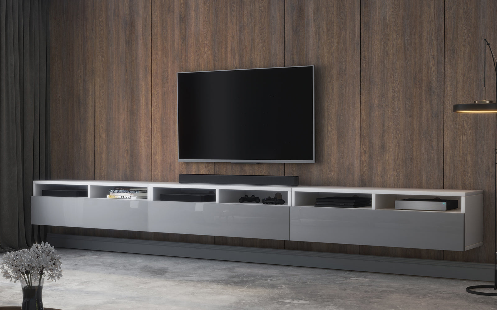 TV-Schrank mit drei Schubladen Rednaw 300 cm Weiß matt / Grau glänzend