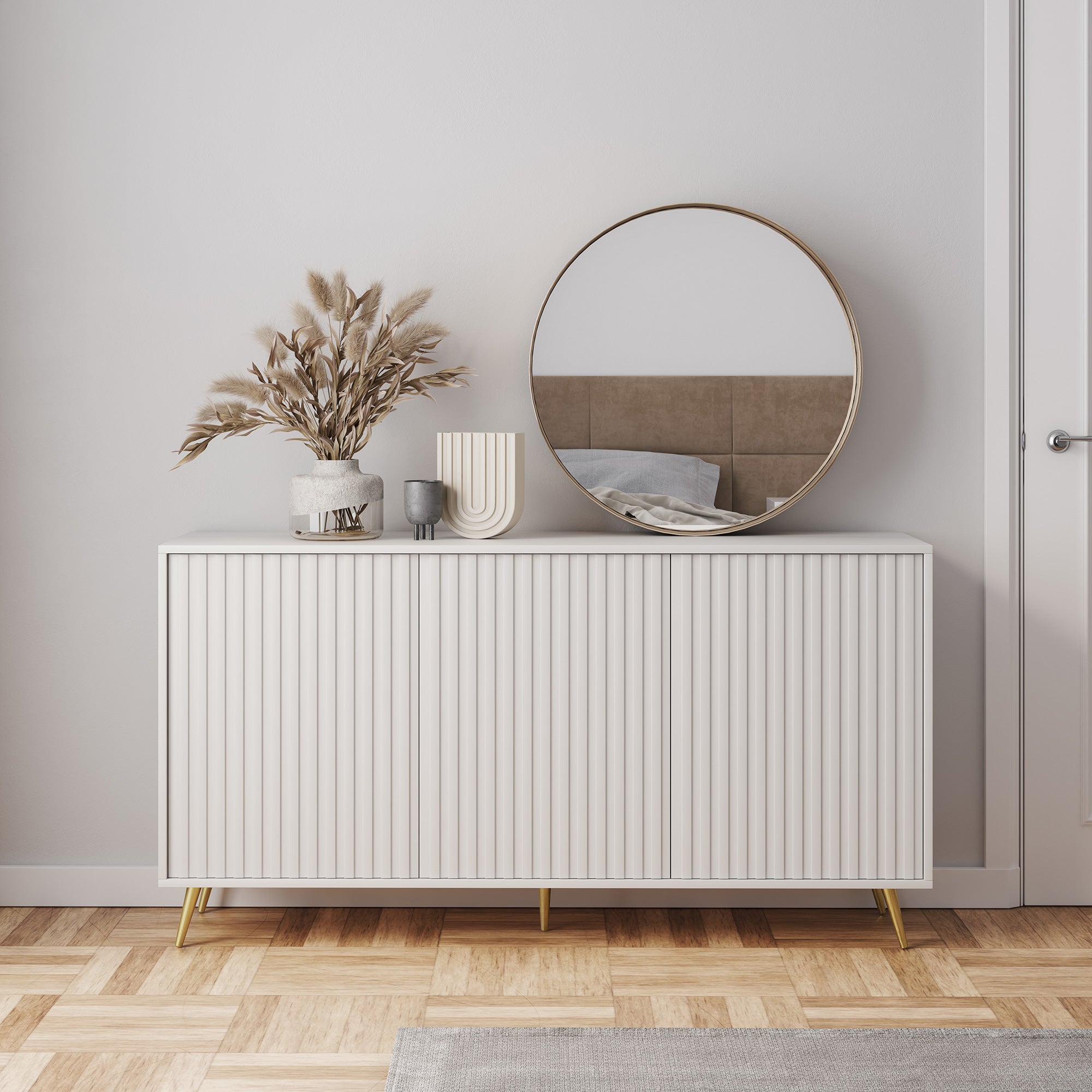 Kommode Bello mit Lamellenfronten, 154 cm, weiß mit goldenen Beinen