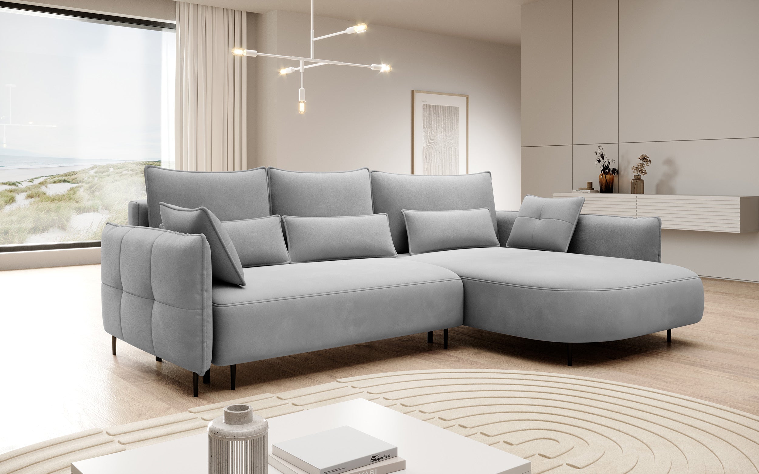 Ecksofa Oblivio mit Schlaffunktion, L-förmig, mit Stauraum, grauer Samt, rechtsseitig, wasserabweisend