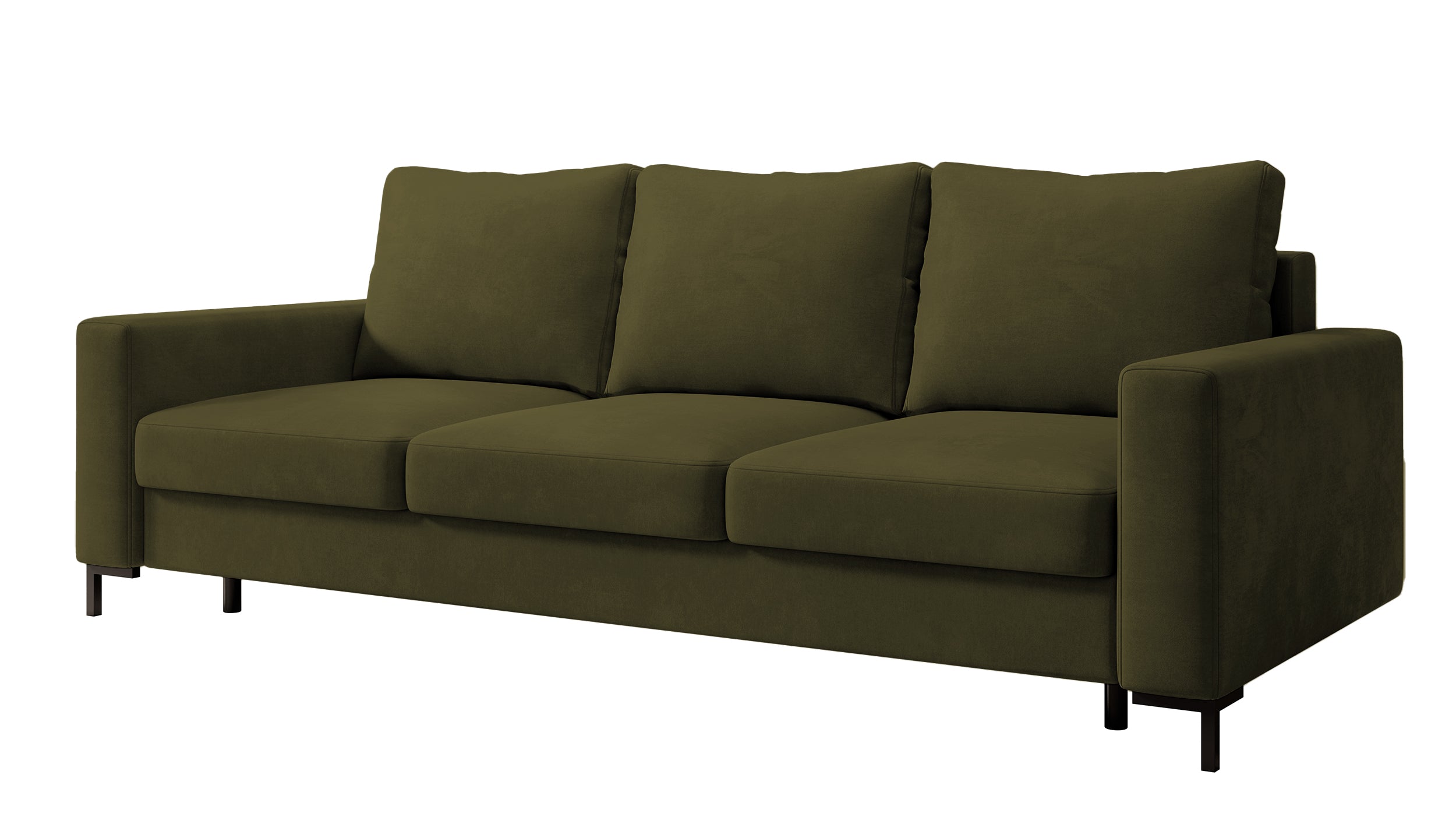 Dreisitziges ausklappbares Sofa Mokpeo mit Stauraum, olivgrüner Samtbezug