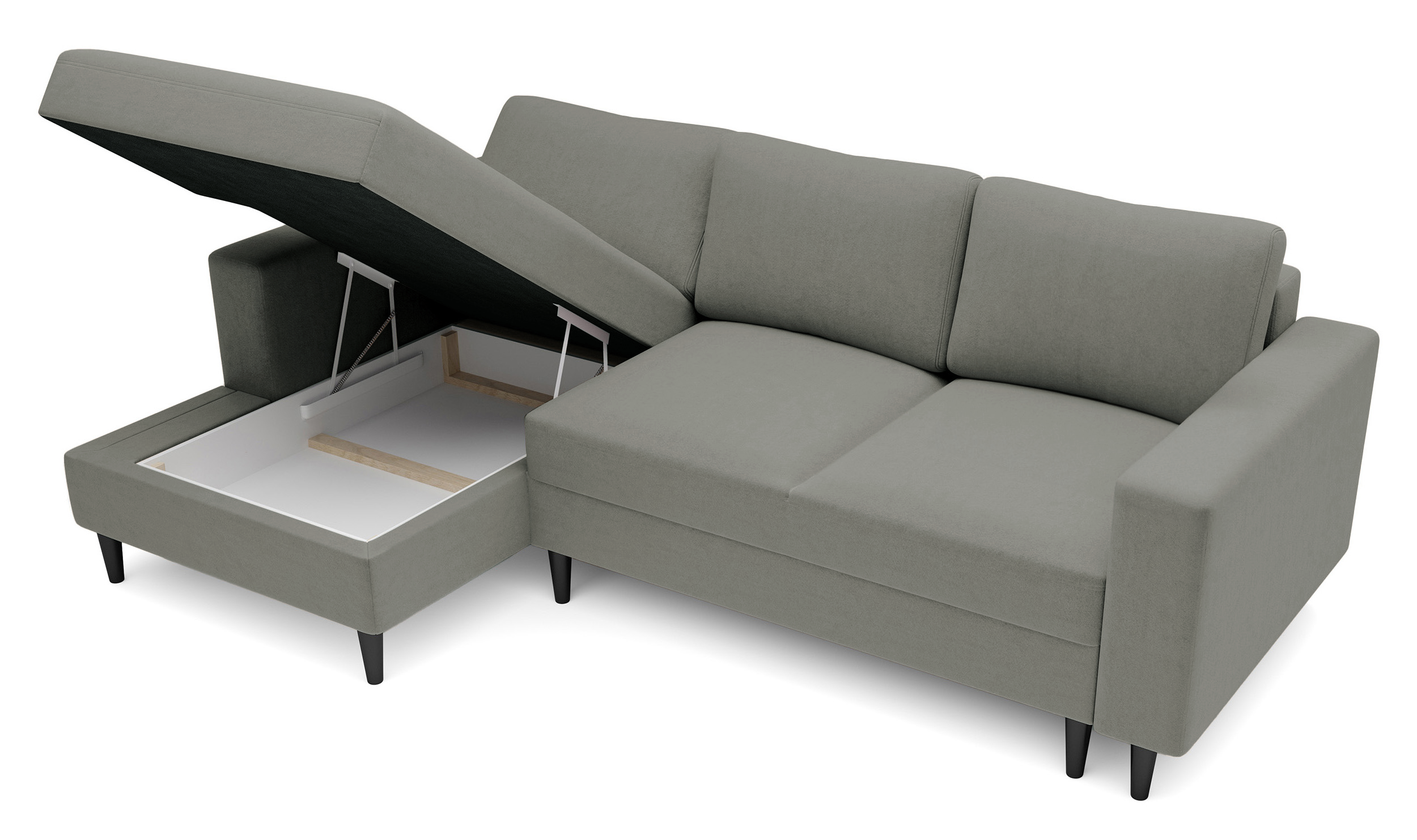 Ecksofa mit Schlaf-Funktion Nalika, L-förmig, mit Stauraum, dunkelbeige, hydrophober Samt, linksseitig
