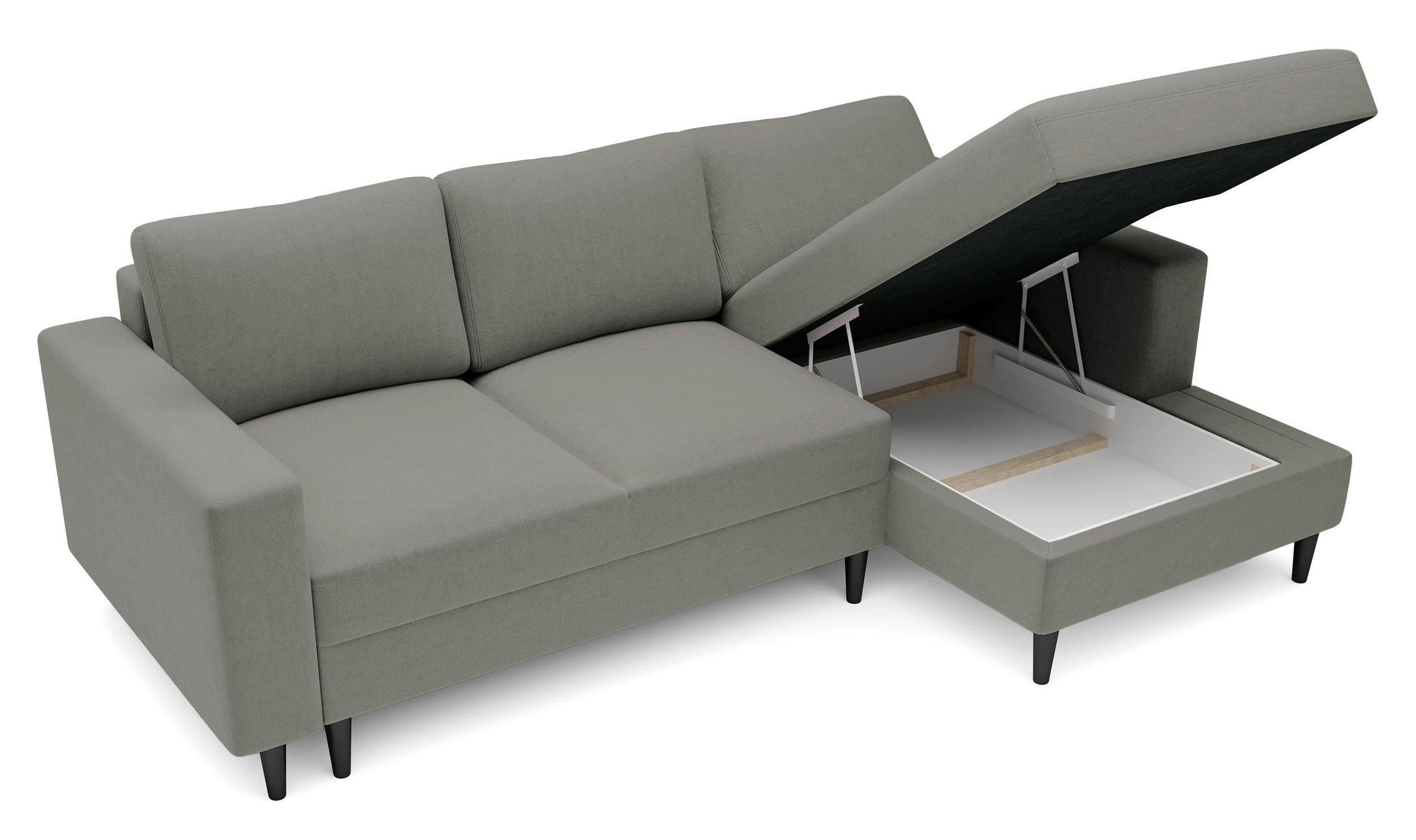 Ecksofa mit Schlafunktion Nalika, L-förmig, mit Stauraum, dunkelbeiger, wasserabweisender Samt, rechtsseitig