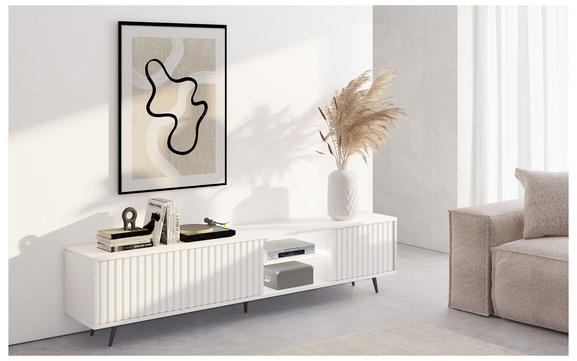 TV-Schrank Bello mit Lamellenfronten, 175 cm, weiß, mit LED und schwarzen Beinen