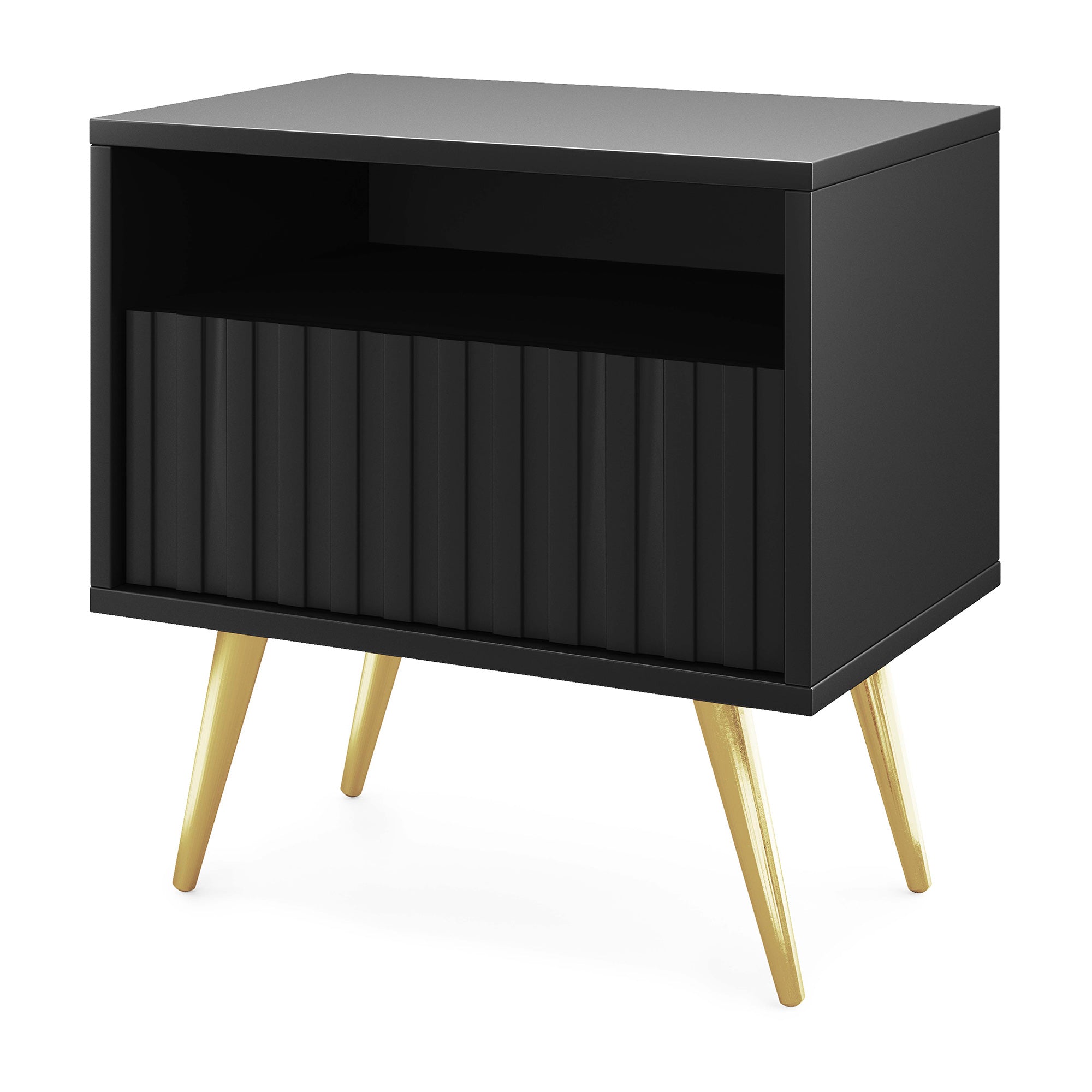 Nachttisch Bello mit Schublade und lamellenförmiger Front, schwarz mit goldenen Beinen
