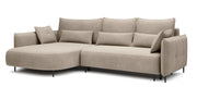 Ecksofa Oblivio mit Schlaffunktion, L-förmig, mit Stauraum, hellbeiger Samt, linksseitig, wasserabweisend