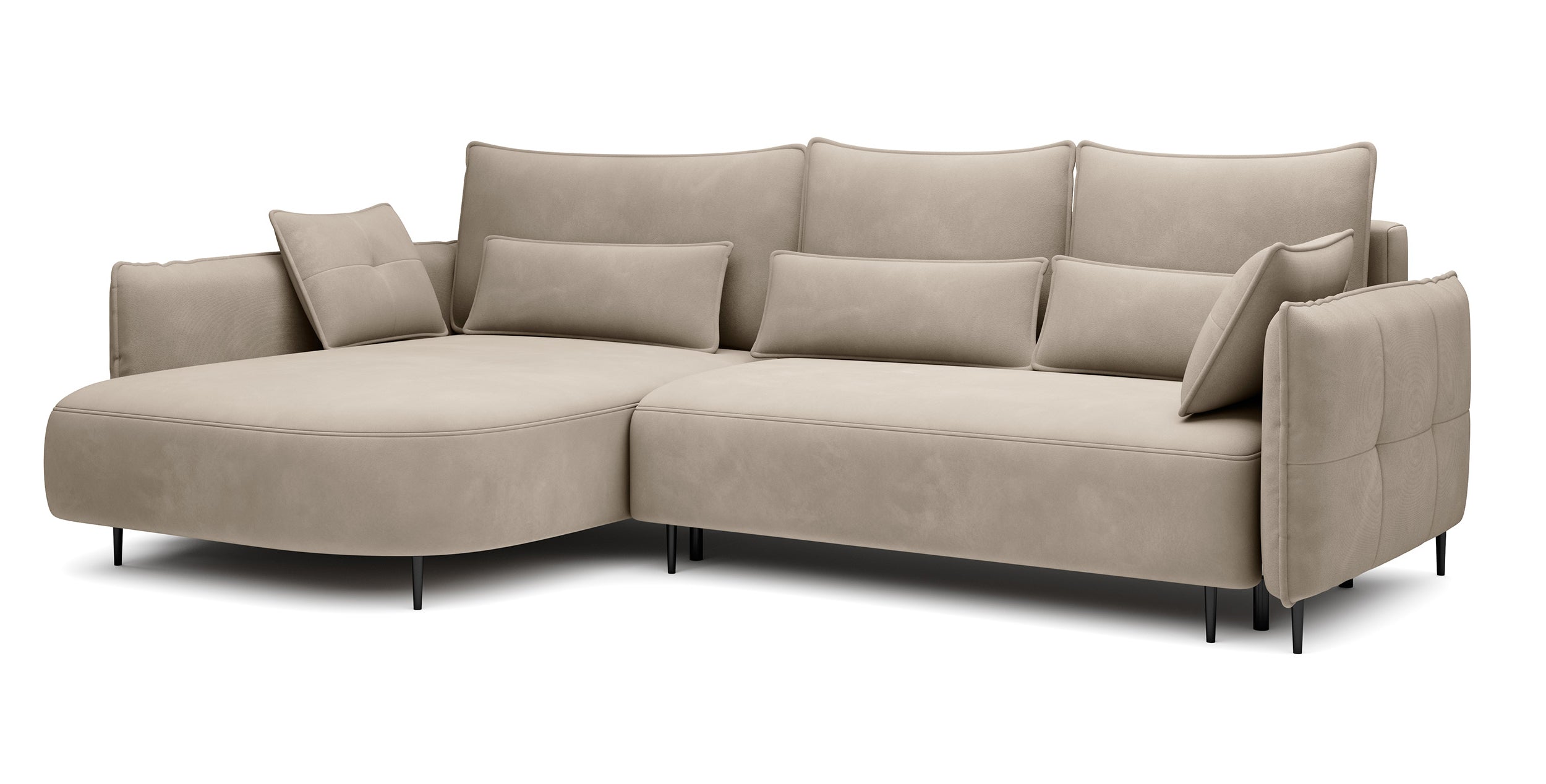 Ecksofa Oblivio mit Schlaffunktion, L-förmig, mit Stauraum, hellbeiger Samt, linksseitig, wasserabweisend