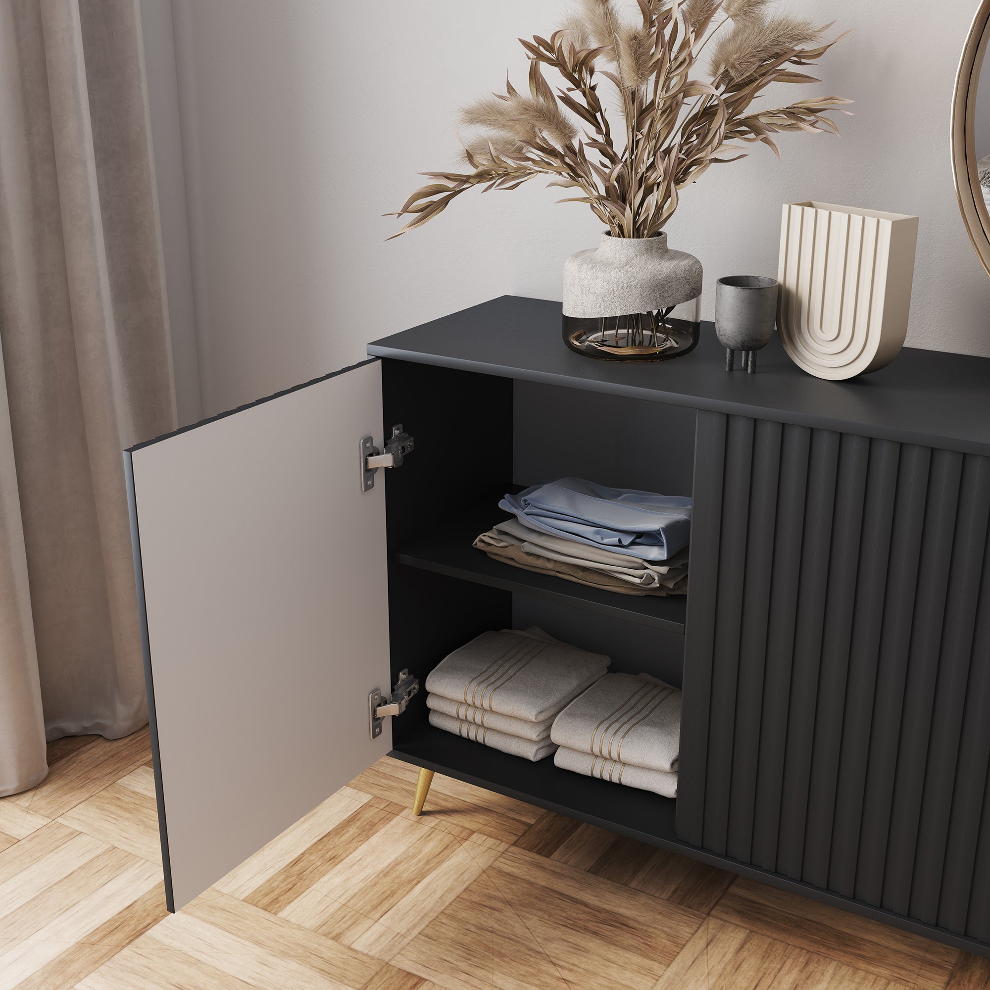 Kommode Bello mit Lamellenfronten, 154 cm, schwarz mit goldenen Beinen