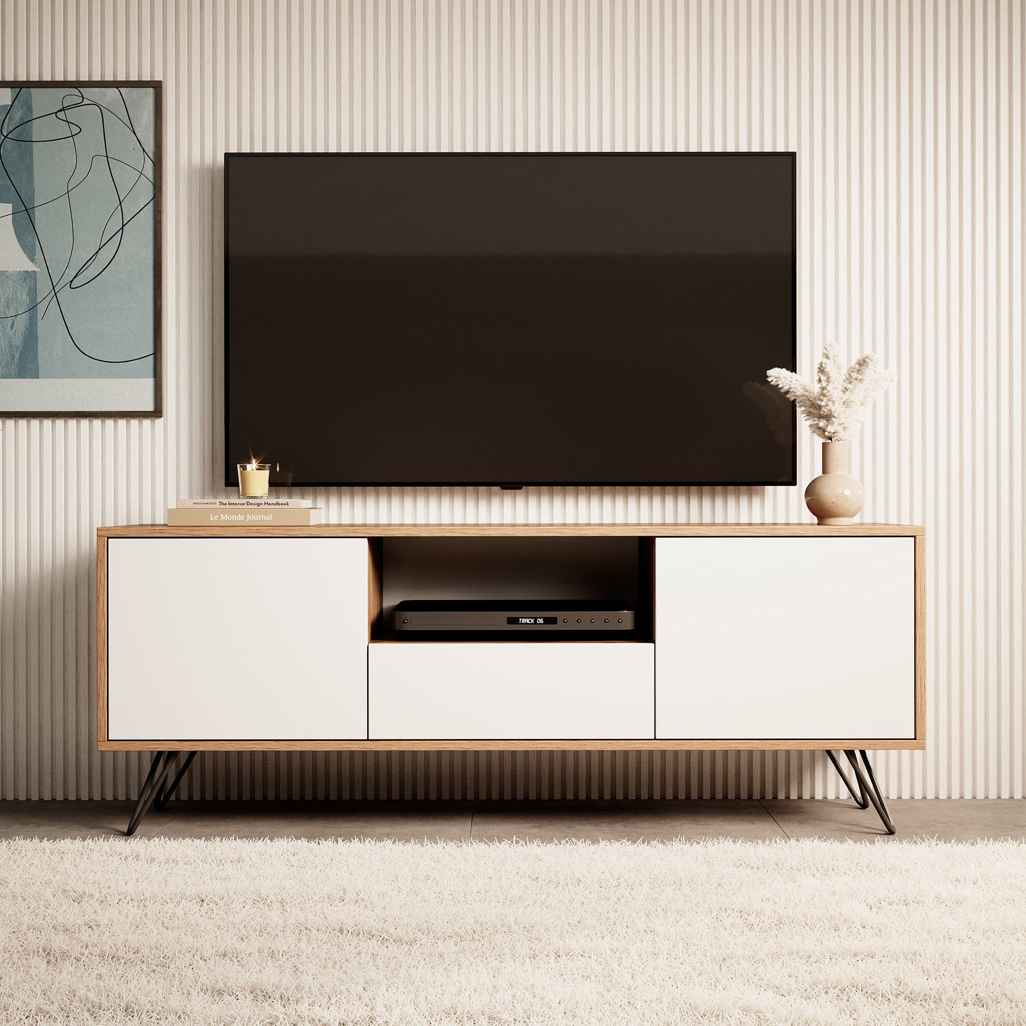 TV-Schrank Ploystea 137 cm Wotan-Eiche / Weiß mit Beleuchtung