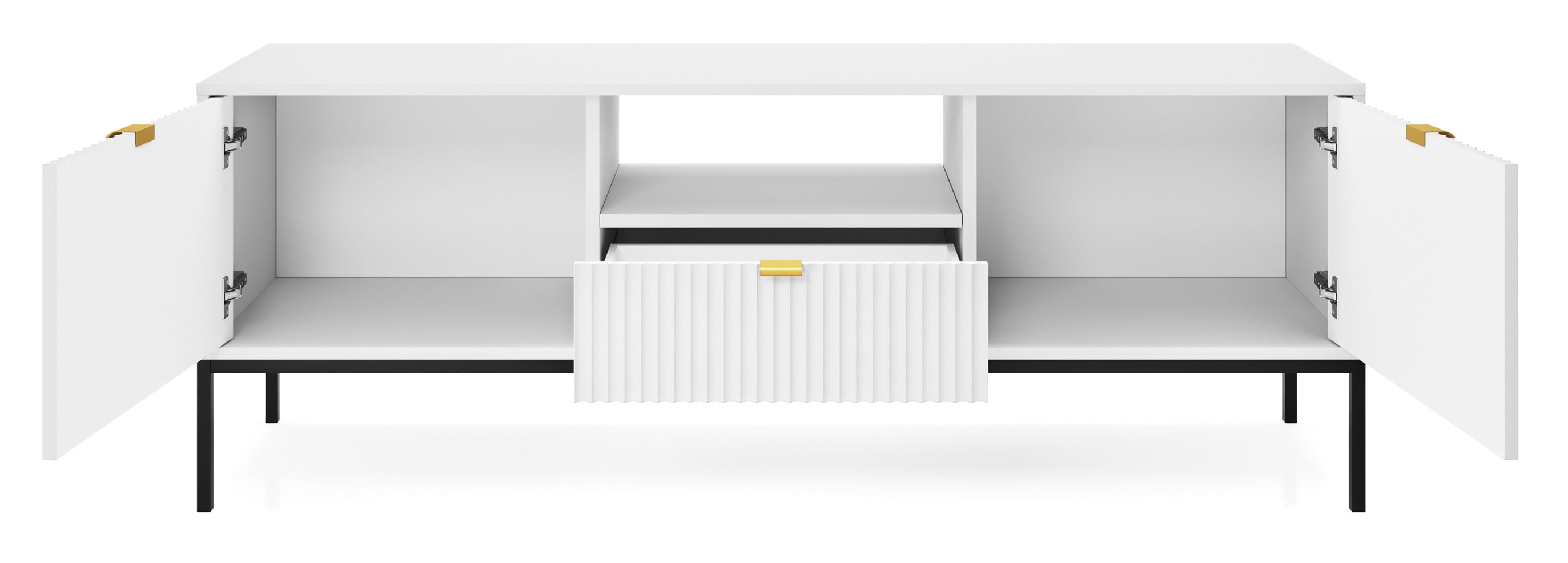 TV-Schrank Vellore 154 cm weiß mit geriffelten Fronten und goldenen Griffen