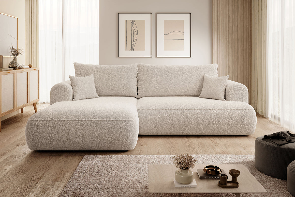 Ecksofa mit Schlafunktion Ovo, L-förmig, beige mit Stauraum, Bouclé, linksseitig