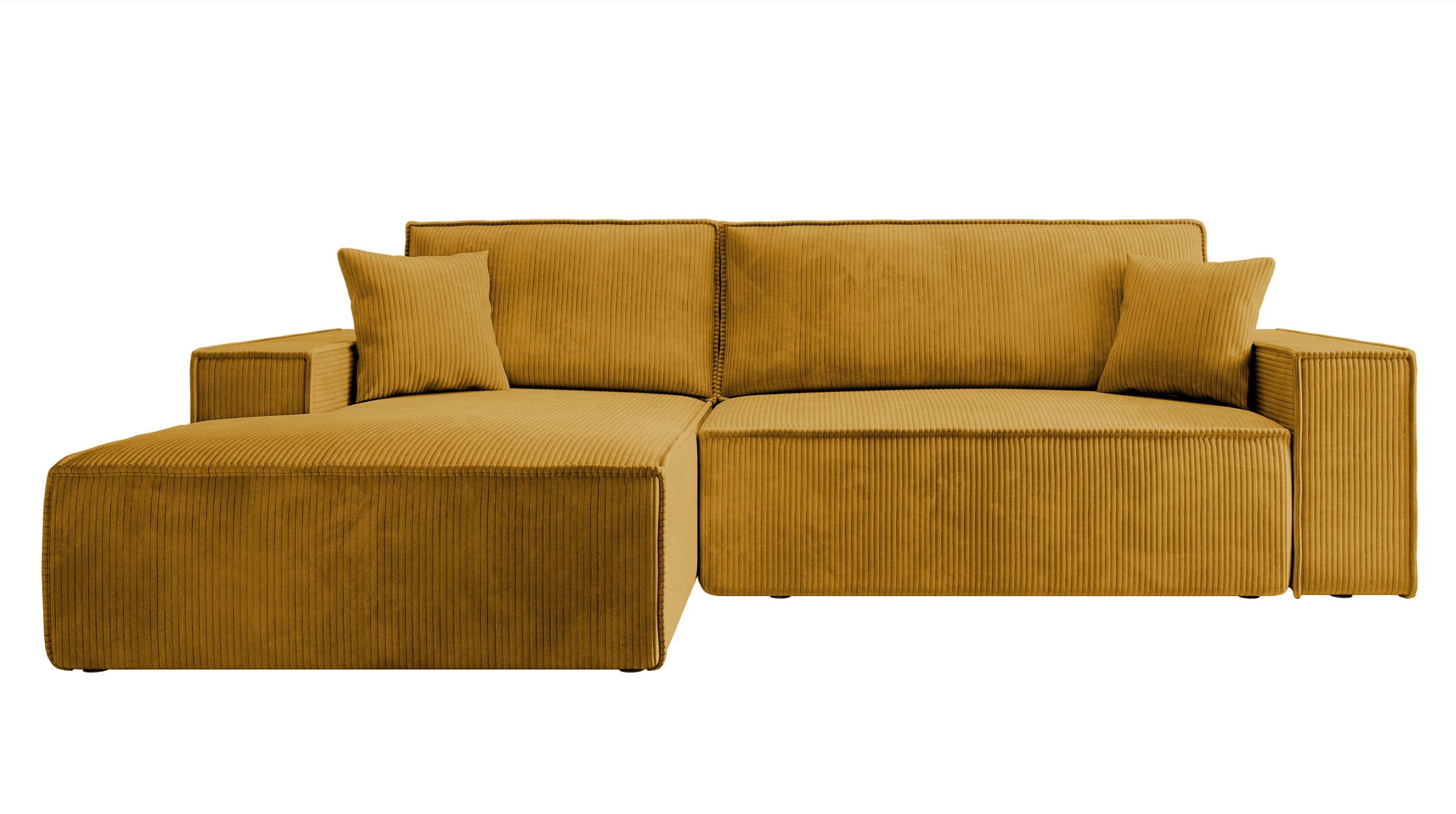 Ecksofa mit Schlaffunktion Farese New, L-förmig, mit Stauraum, senfgelb, Cordstoff, linksseitig