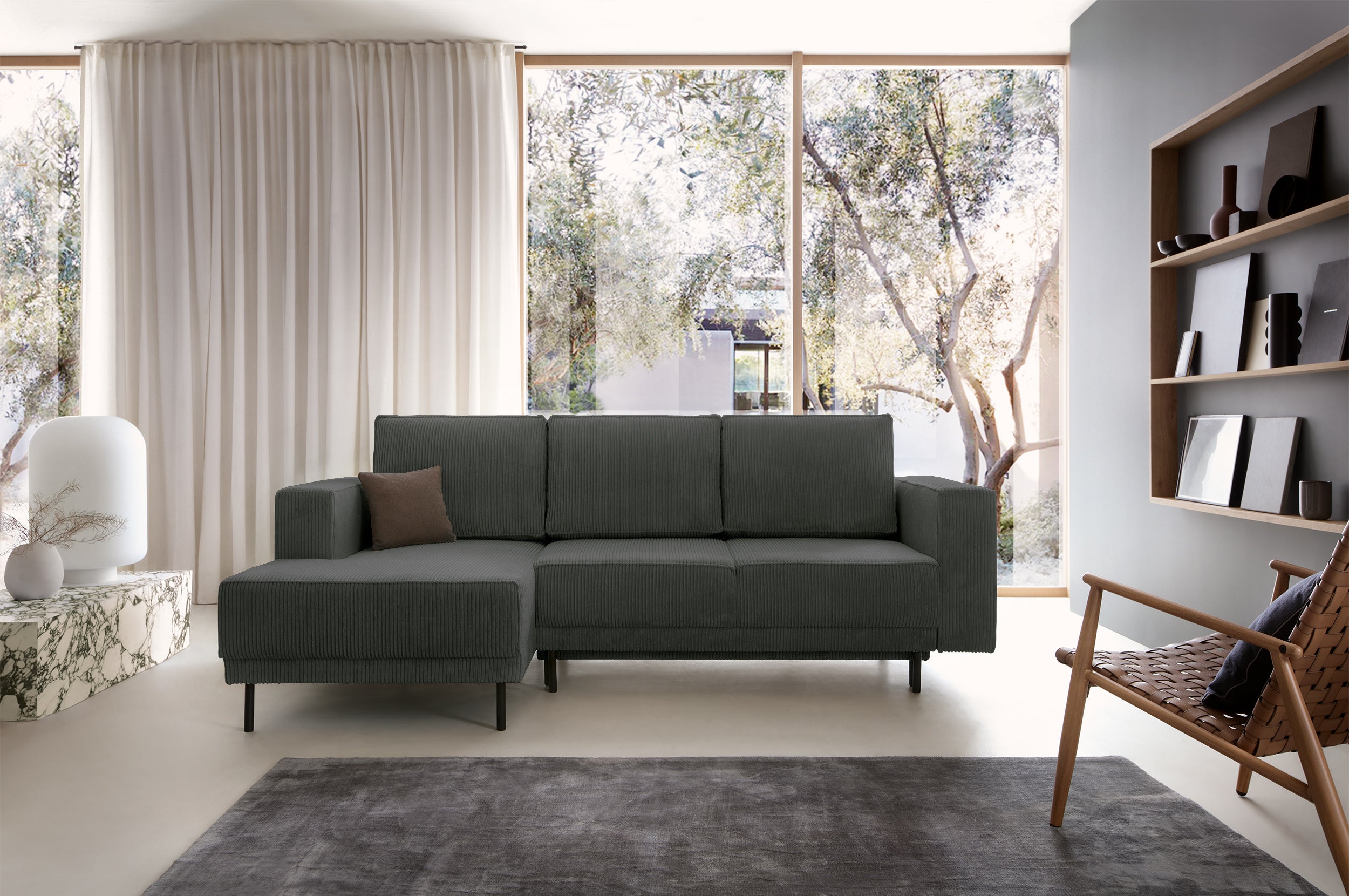 Ecksofa mit Schlaffunktion Rodario Mini L-förmig mit Stauraum, grau Cord, linksseitig