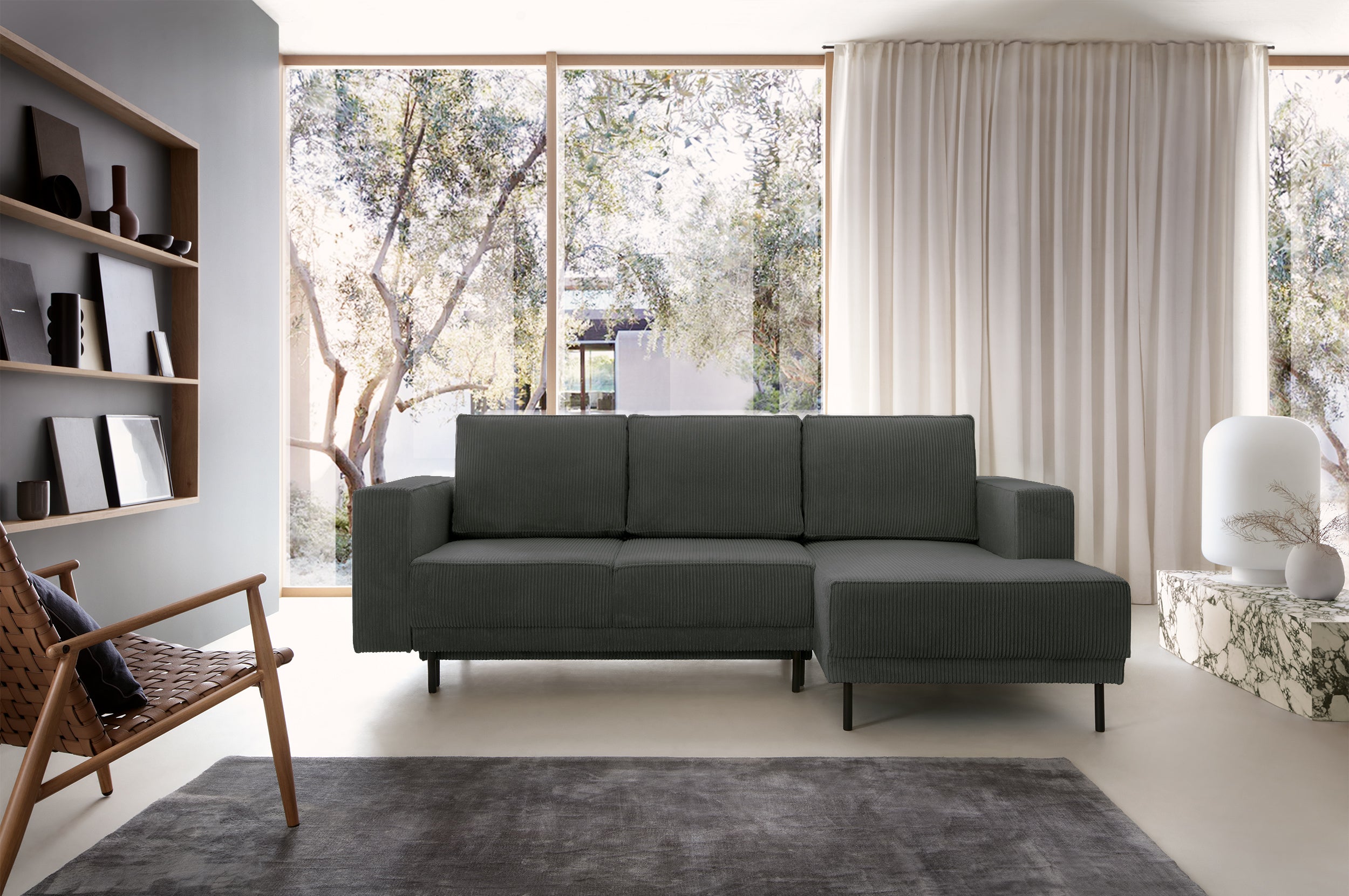 Ecksofa mit Schlaffunktion Rodario Mini, L-förmig, mit Stauraum, grauer Cord, rechtsseitig