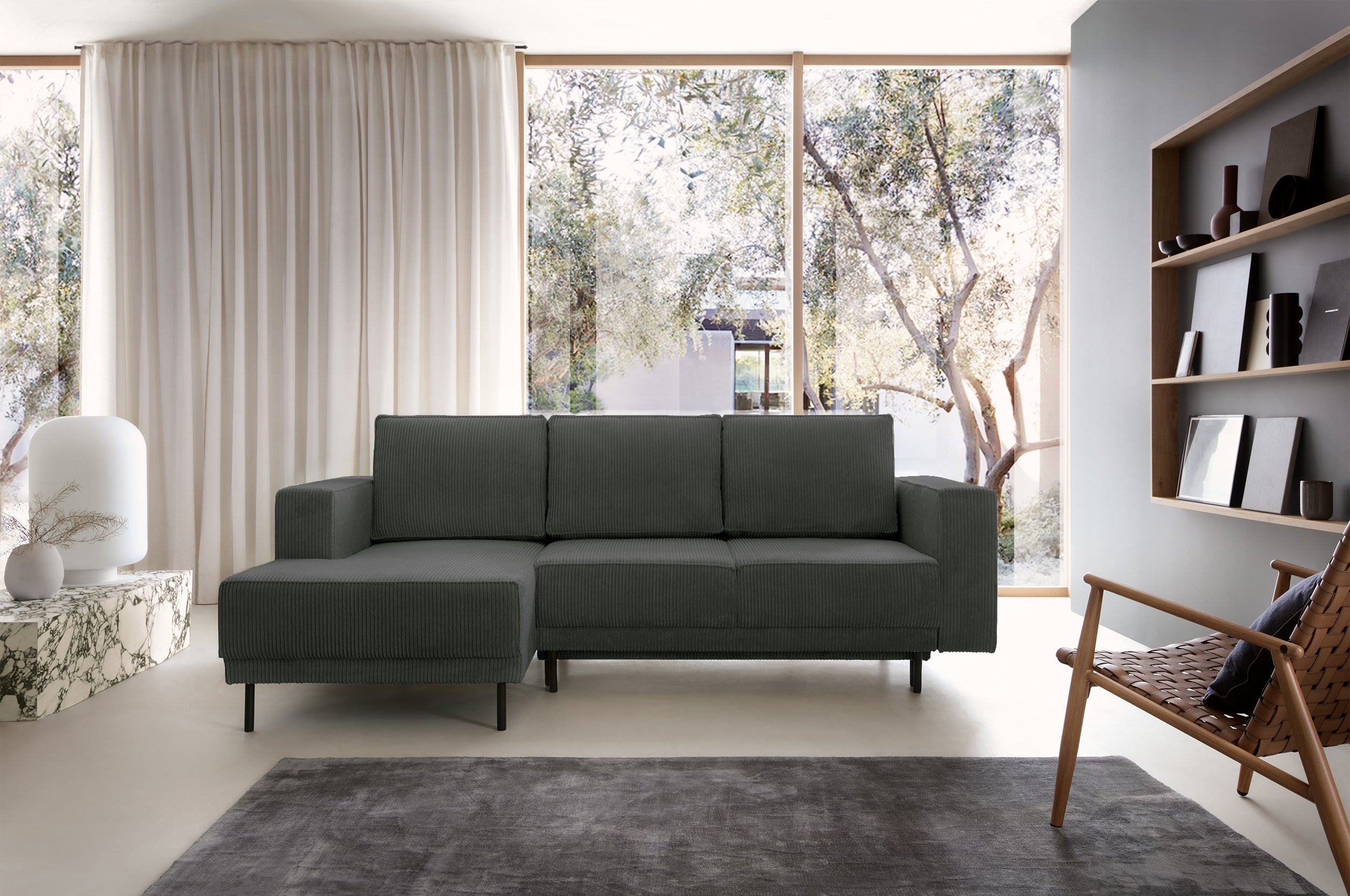 Ecksofa mit Schlaffunktion Rodario Mini L-förmig mit Stauraum, grau Cord, linksseitig