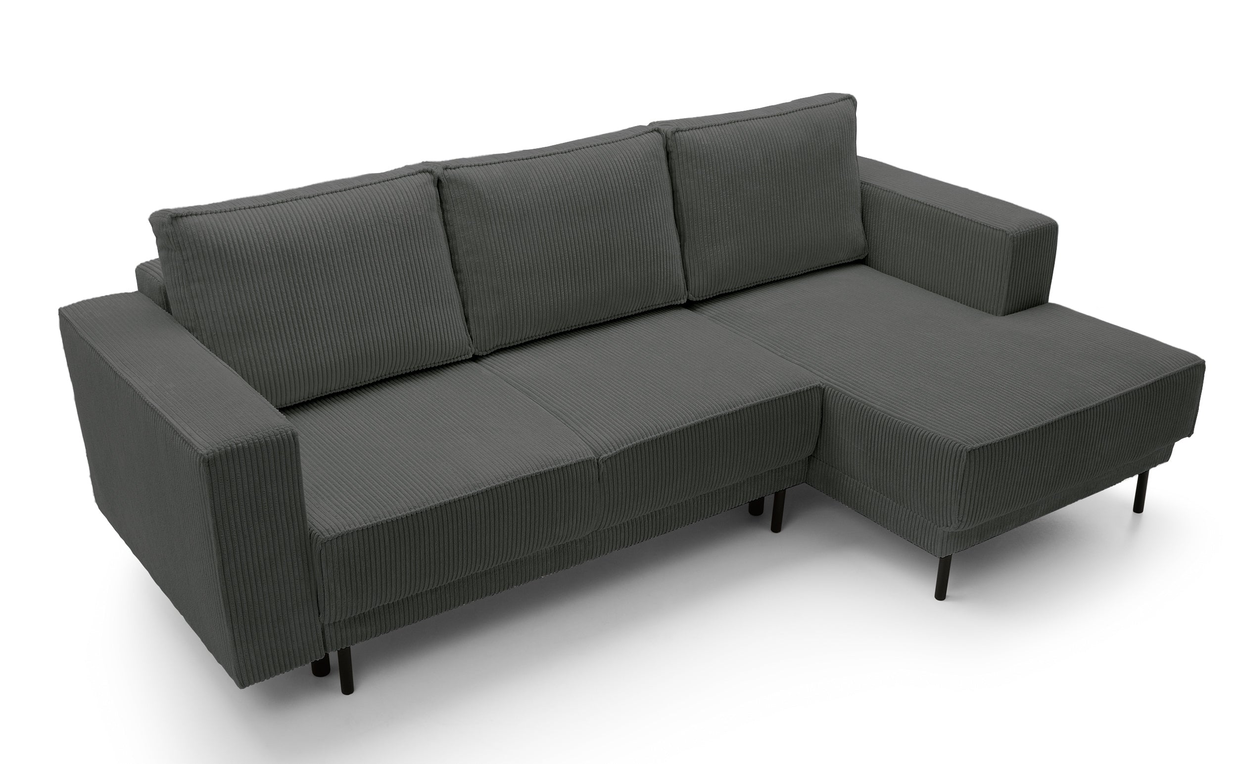 Ecksofa mit Schlaffunktion Rodario Mini, L-förmig, mit Stauraum, grauer Cord, rechtsseitig