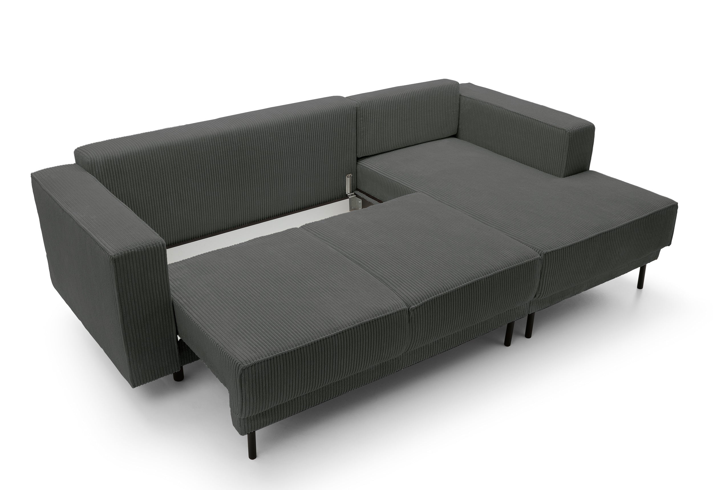Ecksofa mit Schlaffunktion Rodario Mini, L-förmig, mit Stauraum, grauer Cord, rechtsseitig