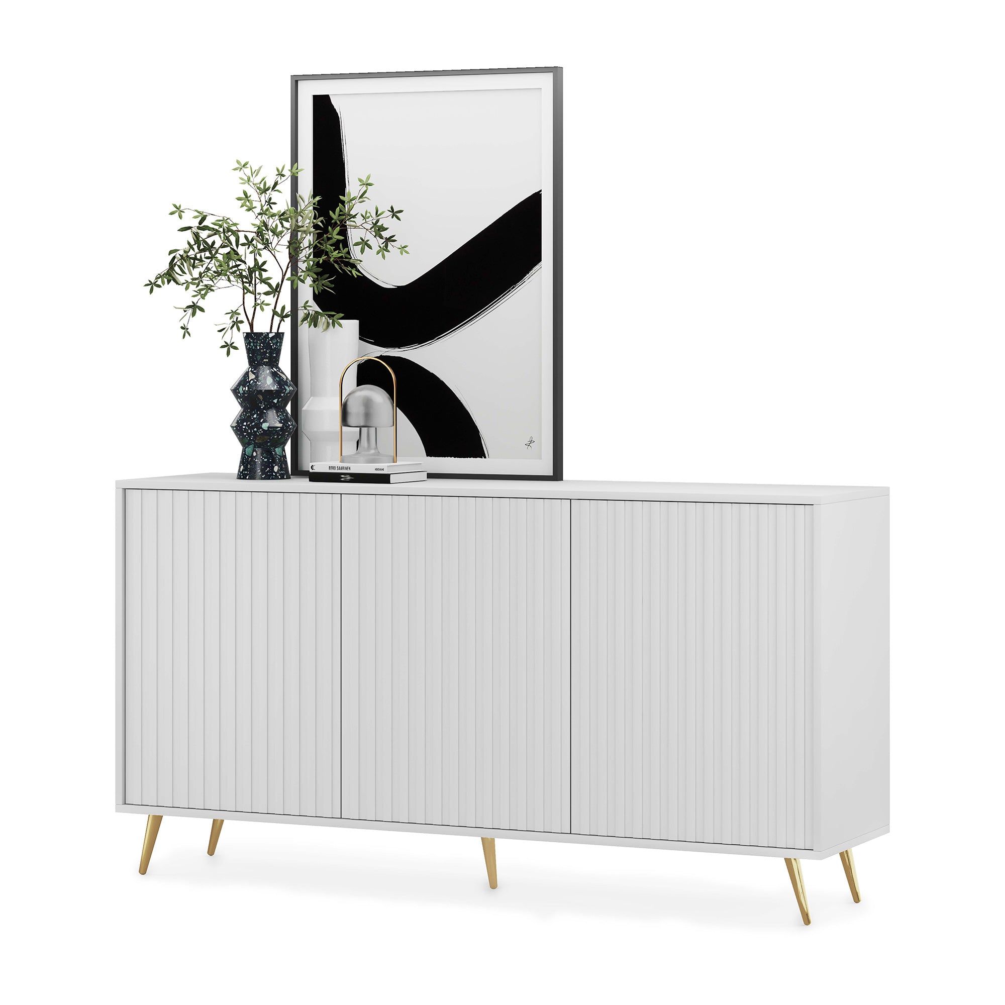 Kommode Bello mit Lamellenfronten, 154 cm, weiß mit goldenen Beinen