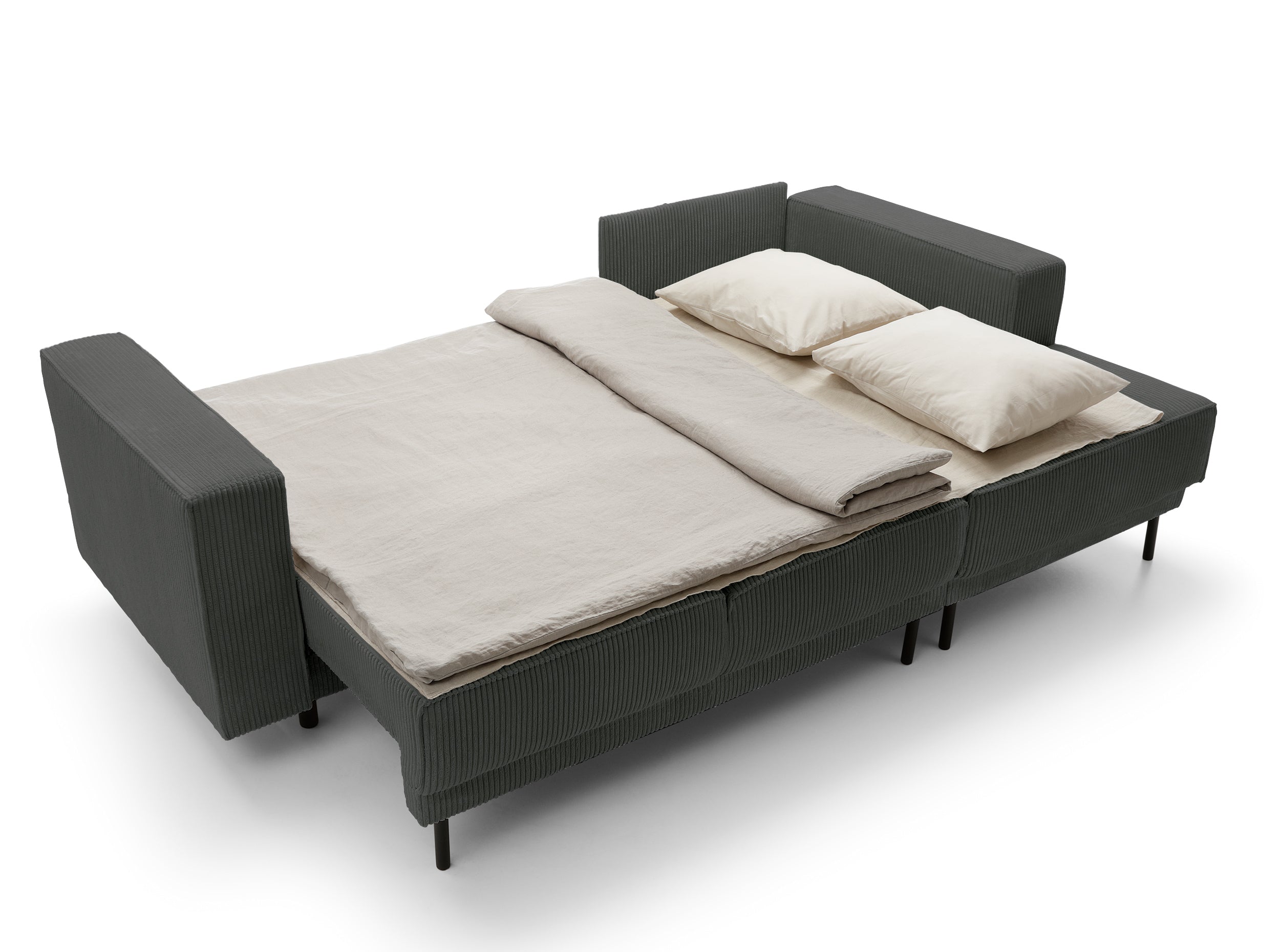Ecksofa mit Schlaffunktion Rodario Mini, L-förmig, mit Stauraum, grauer Cord, rechtsseitig