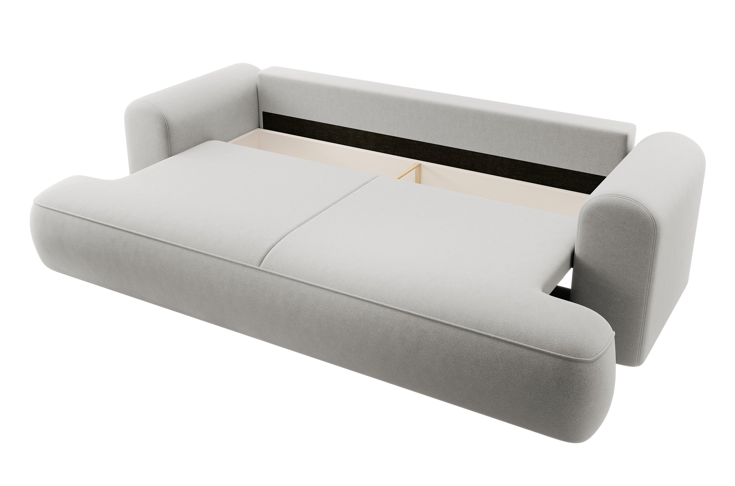 Dreisitziges ausklappbares Sofa Ovo mit Stauraum, grauer Samt aus leicht zu reinigendem Stoff