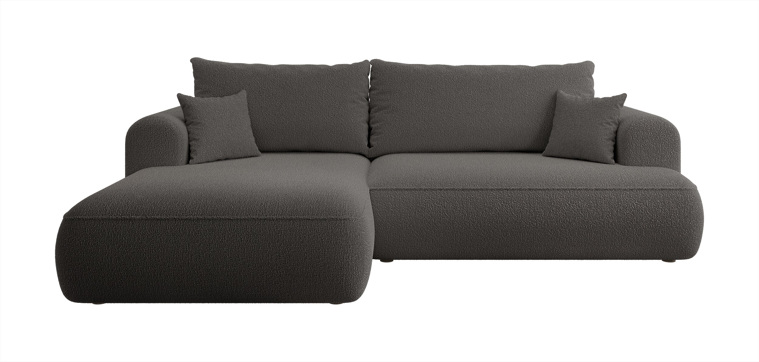 Ecksofa mit Schlaffunktion Ovo, L-förmig, dunkelgrau, mit Stauraum, Bouclé, linksseitig