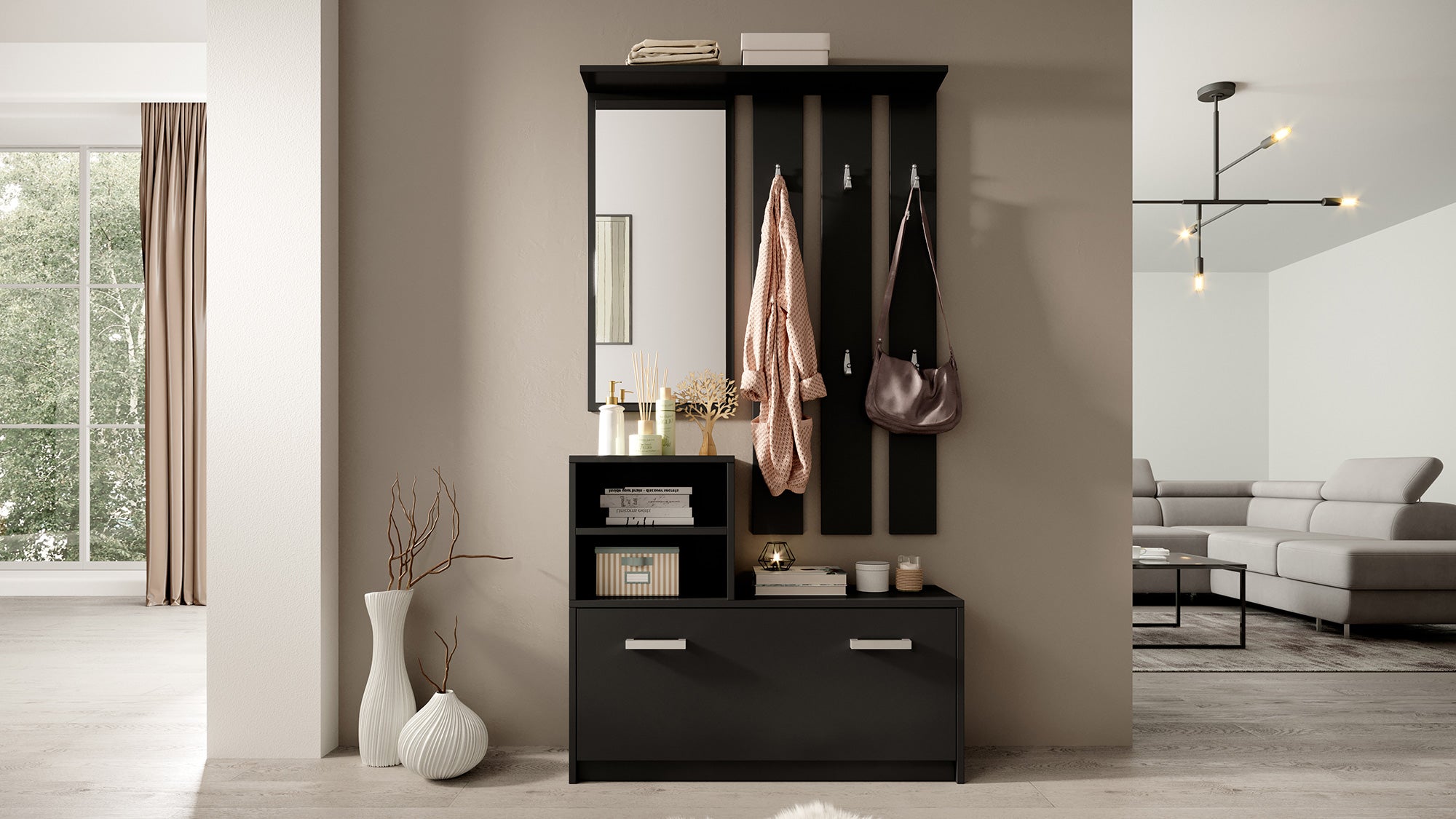 Yesfir Flur-Set mit Spiegel, Haken, Regalen und Schuhschrank Schwarz