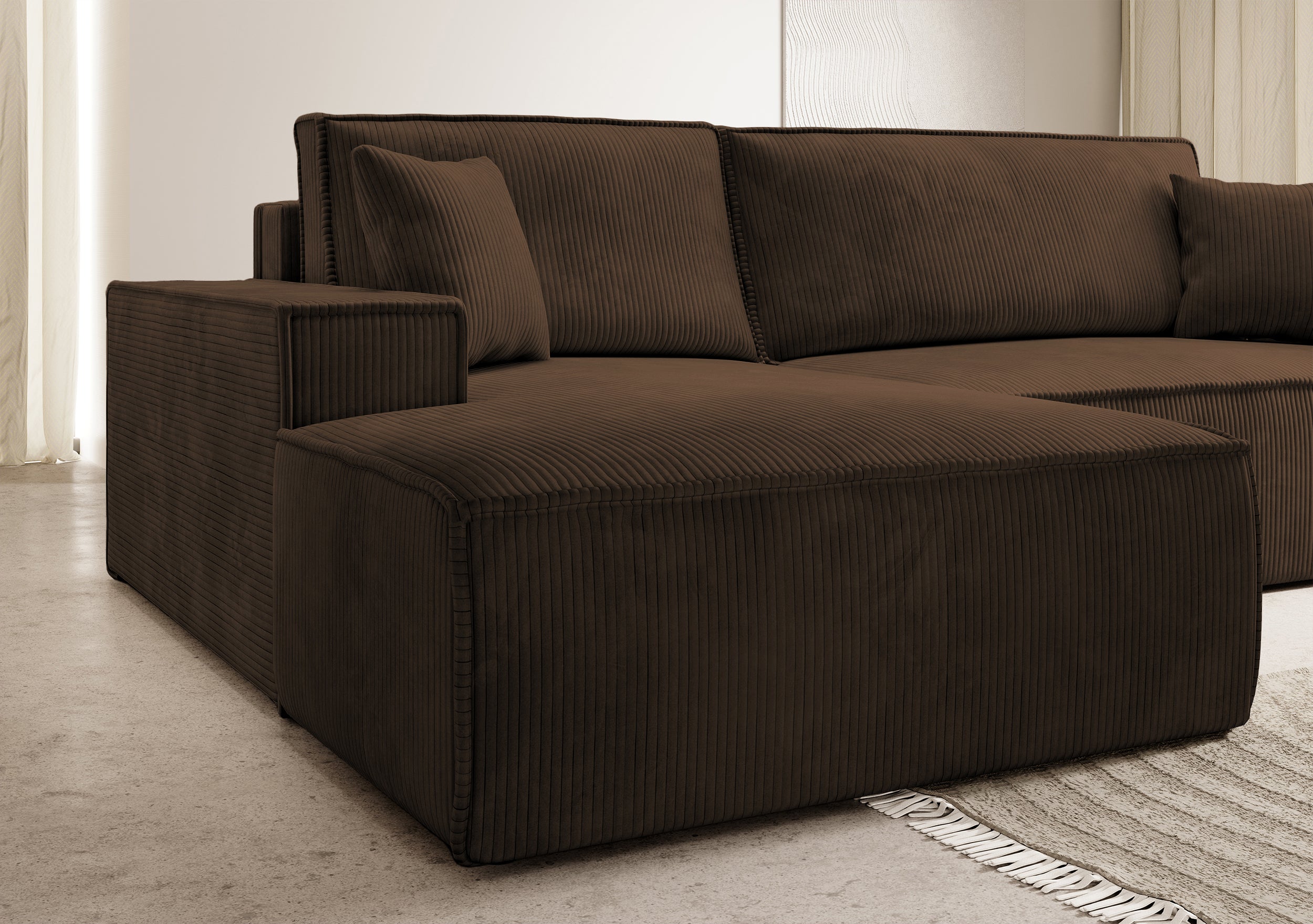 Ecksofa mit Schlaffunktion Farese New, L-förmig, mit Stauraum, brauner Cord, linksseitig