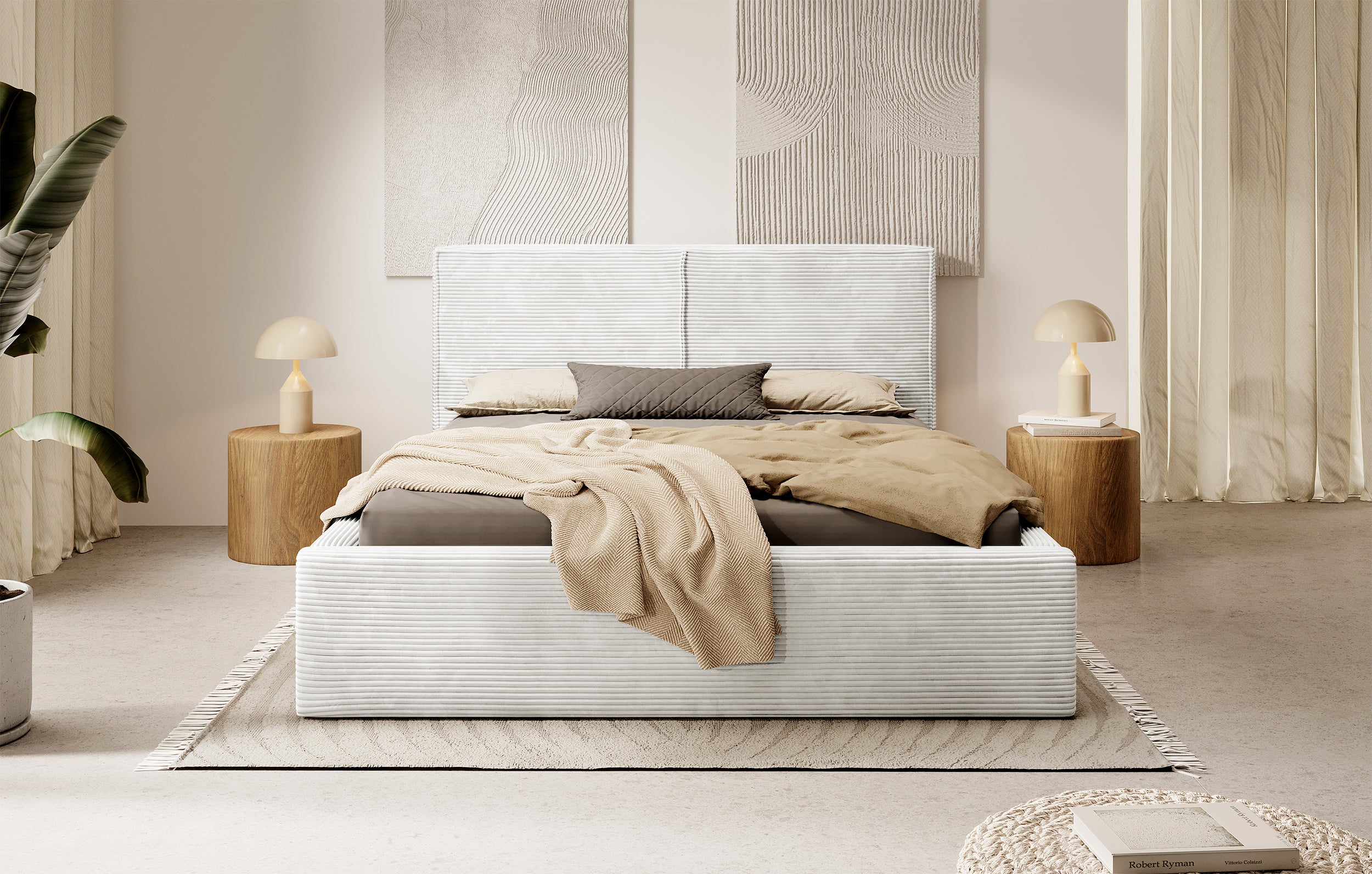 Gepolstertes Bett 180x200 cm Farese mit Stauraum und Gasdruckfeder, grau-beige Cordstoff