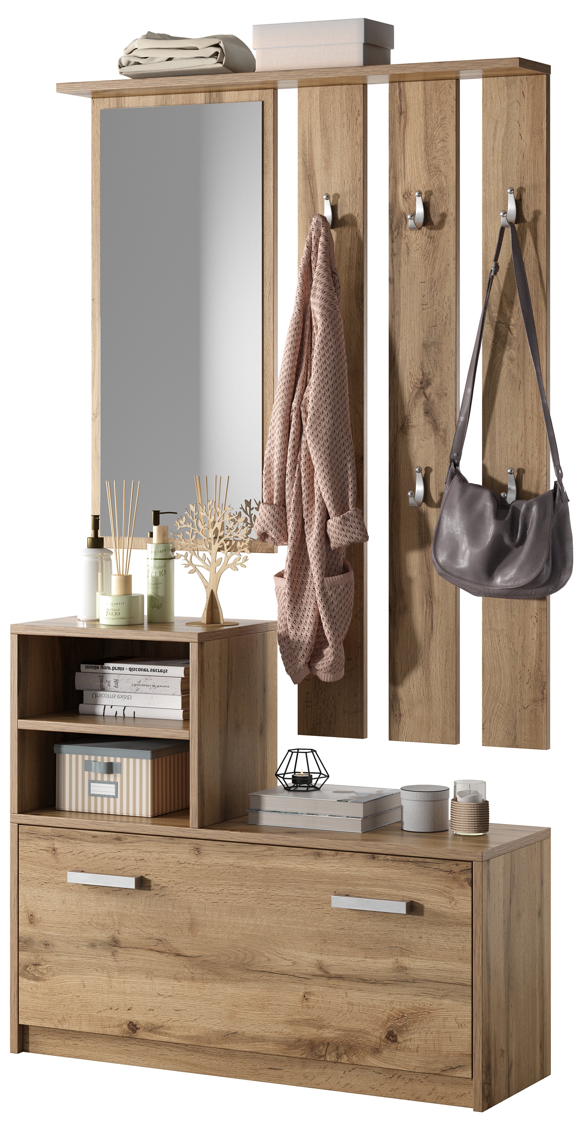 Flur-Set Yesfir mit Spiegel, Haken, Regalen und Schuhschrank Wotan-Eiche
