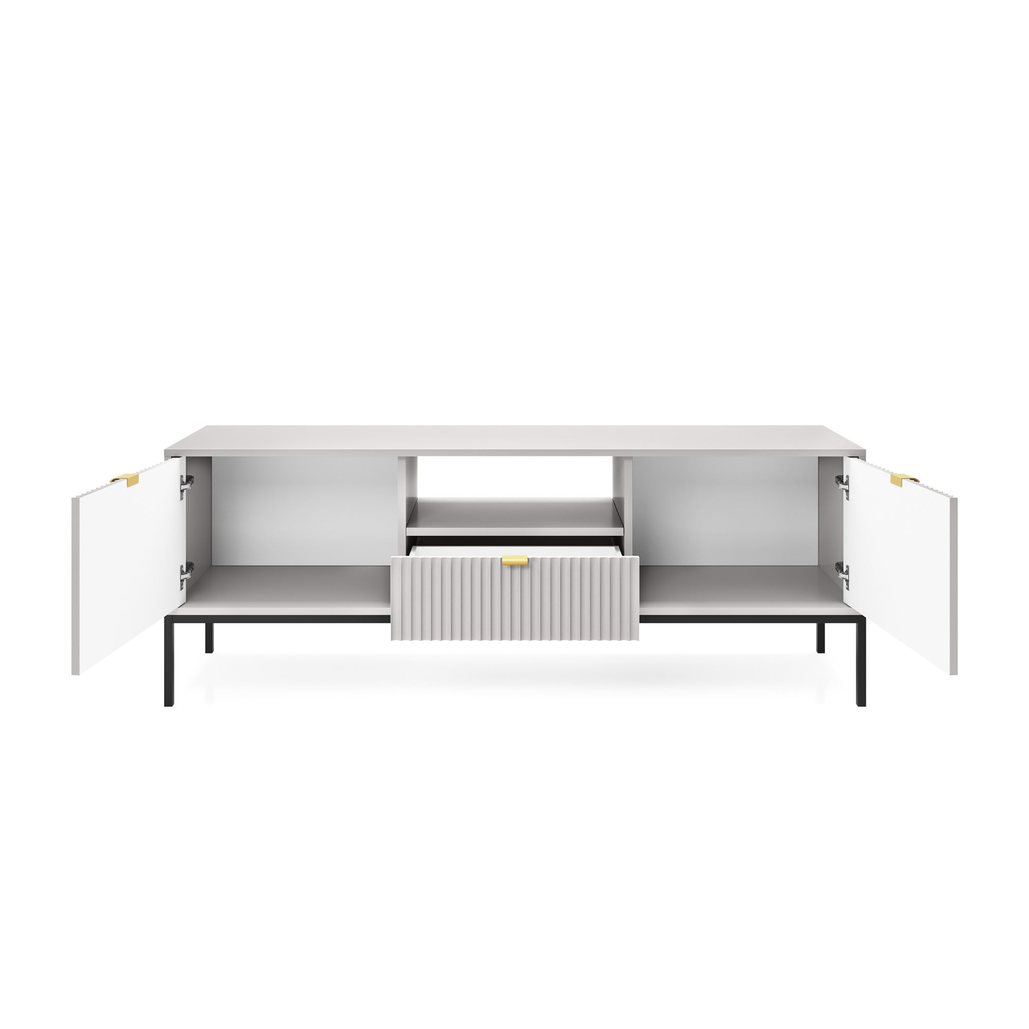 TV-Schrank Vellore 154 cm grau mit geriffelten Fronten und goldenen Griffen