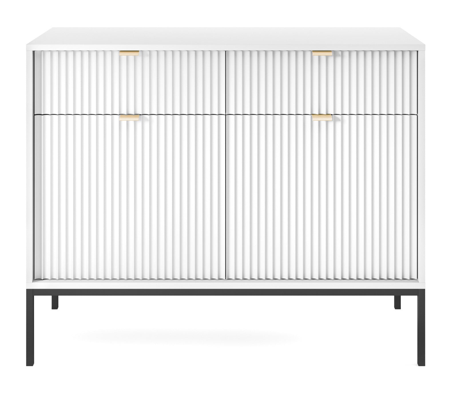Zweiturige Kommode Vellore 104 cm weiß mit gerillten Fronten und goldenen Griffen