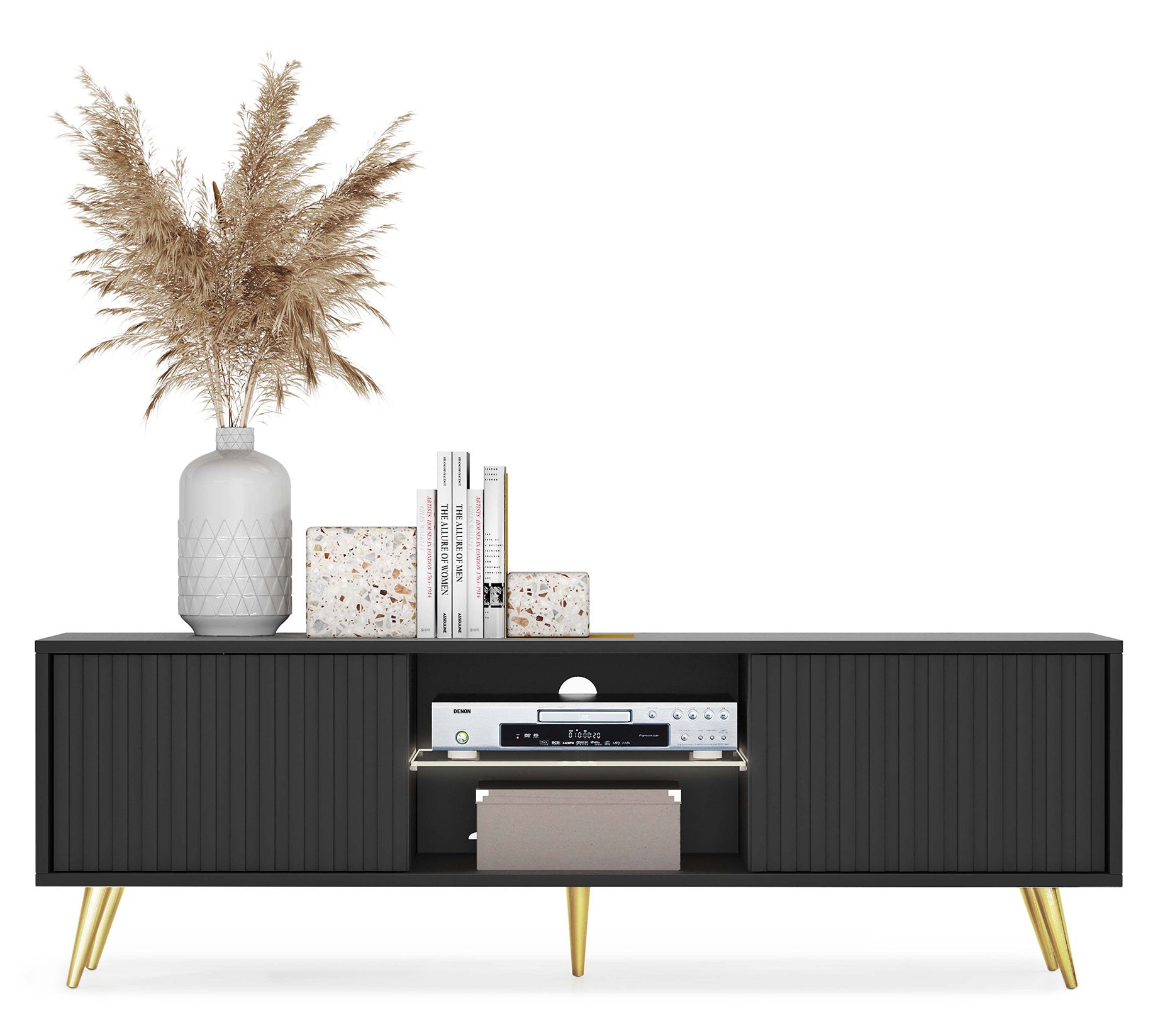 TV-Schrank Bello mit Lamellenfronten, 135 cm, schwarz mit goldenen Beinen