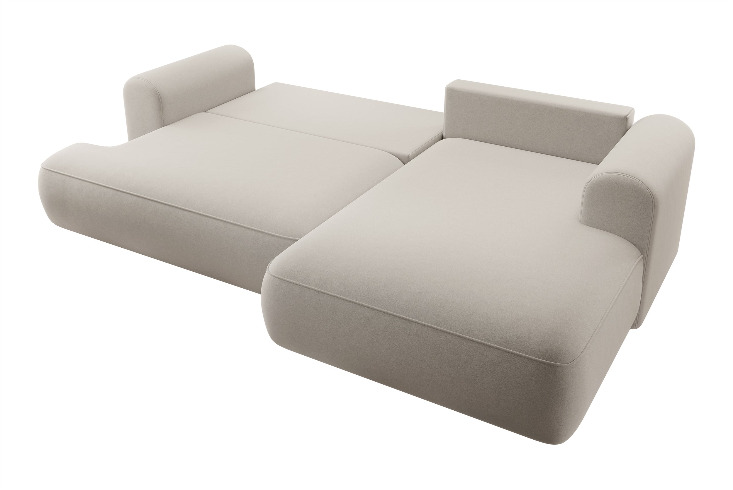 Ecksofa mit Schlaffunktion Ovo, L-förmig, cremefarbener Velours mit Stauraum, leicht zu reinigender Stoff, rechtsseitig