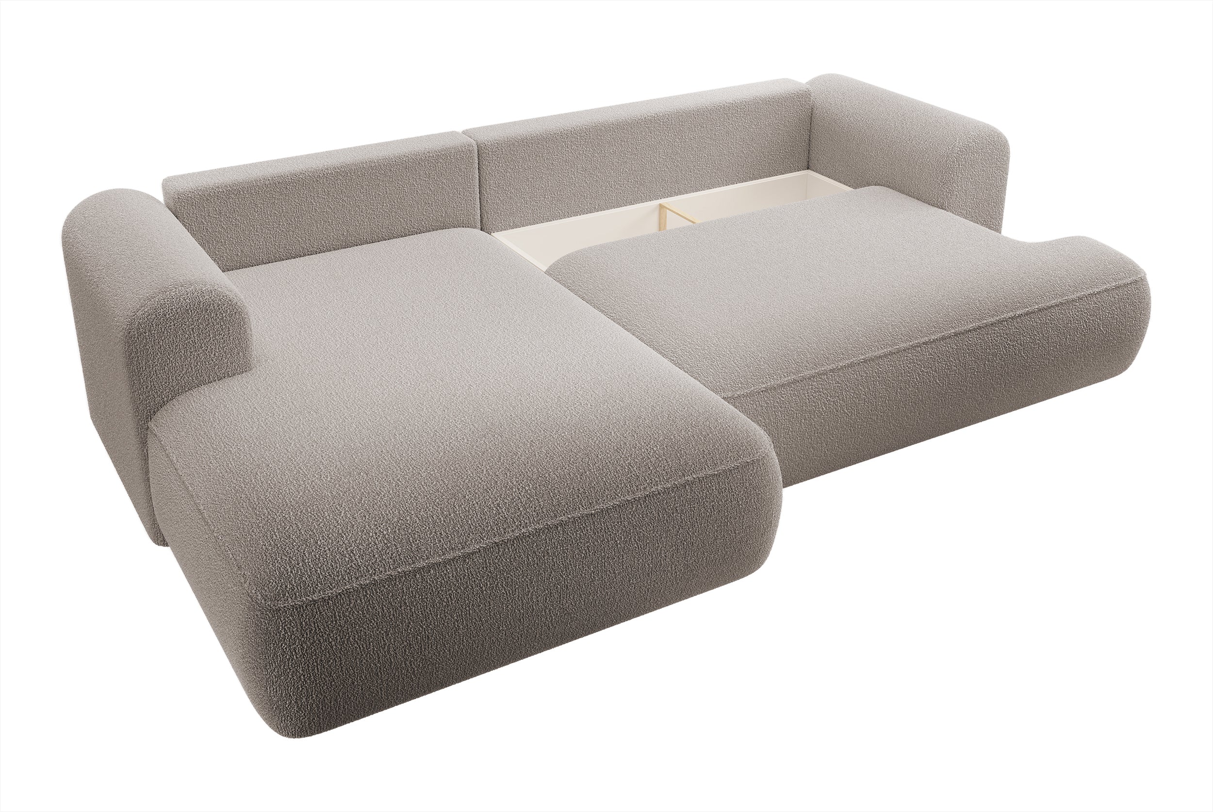 Ecksofa mit Schlafunktion Ovo L-förmig, dunkelbeige mit Stauraum, Bouclé, linksseitig