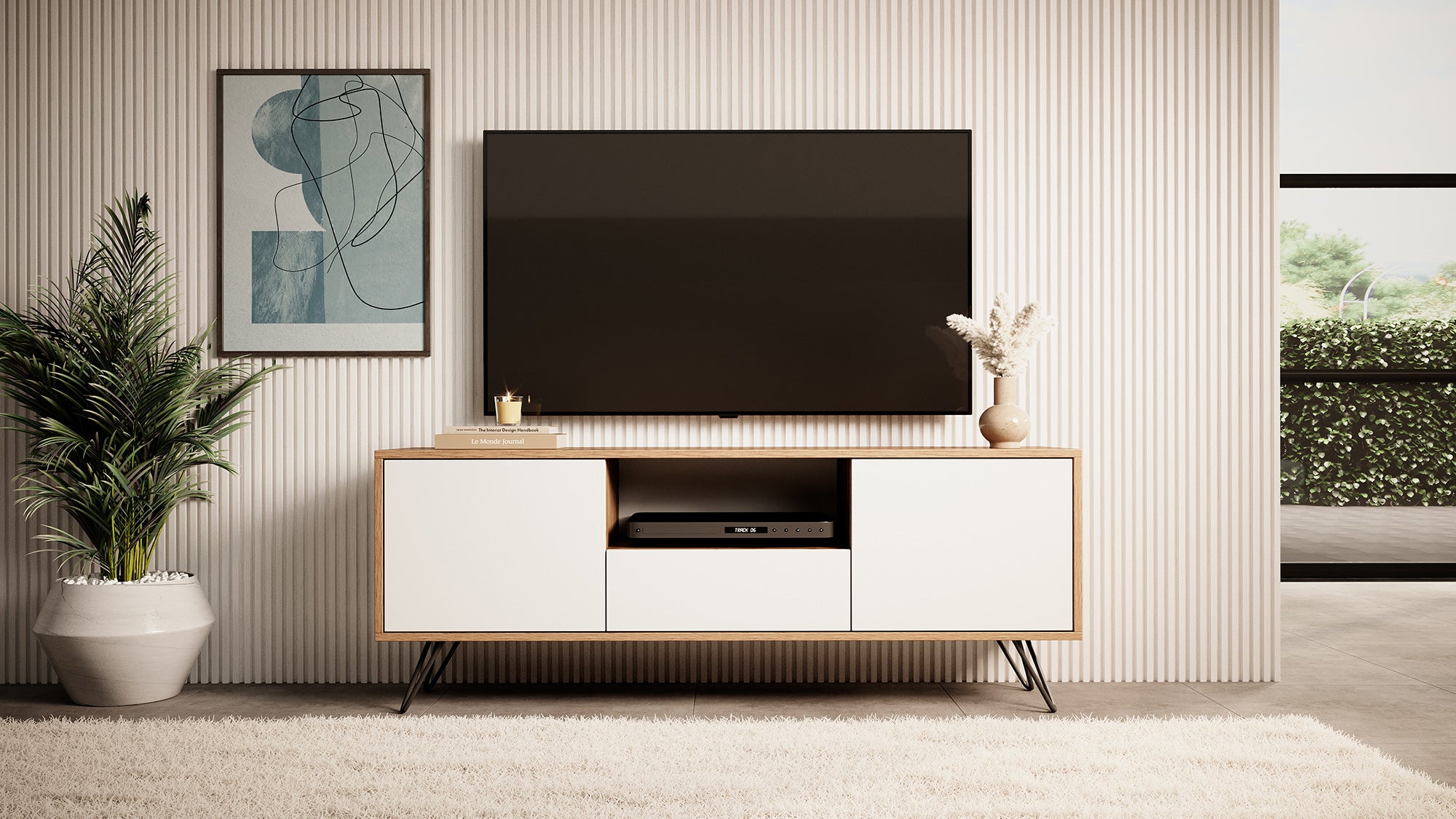 TV-Schrank Ploystea 137 cm Wotan-Eiche / Weiß mit Beleuchtung