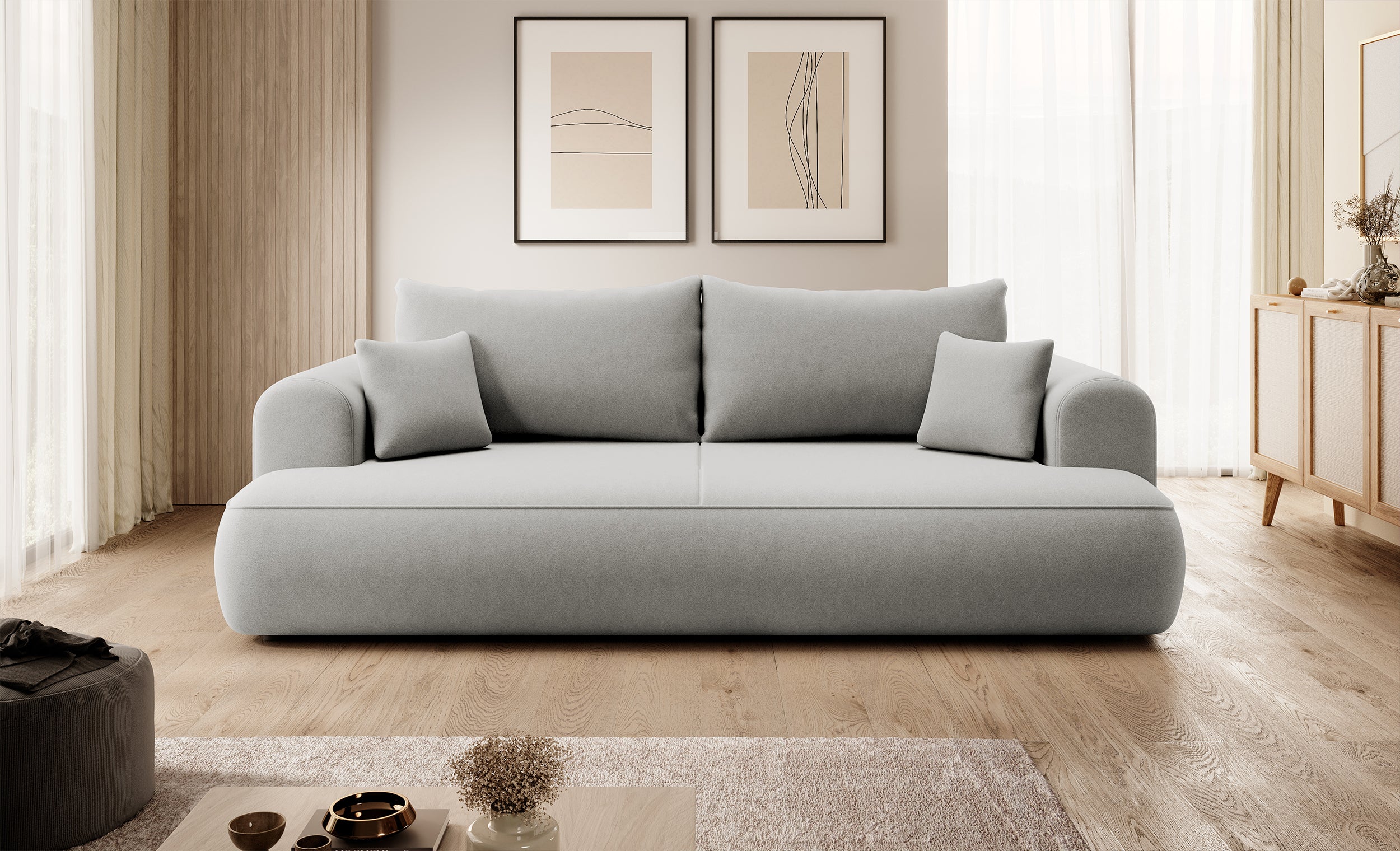 Dreisitziges ausklappbares Sofa Ovo mit Stauraum, grauer Samt aus leicht zu reinigendem Stoff