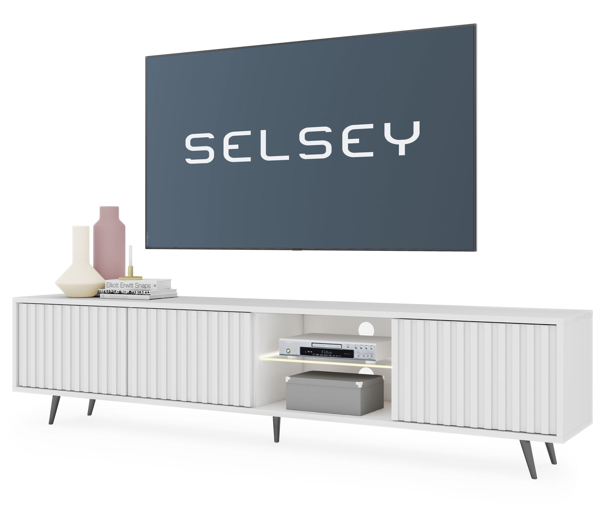 TV-Schrank Bello mit Lamellenfronten, 175 cm, weiß, mit LED und schwarzen Beinen