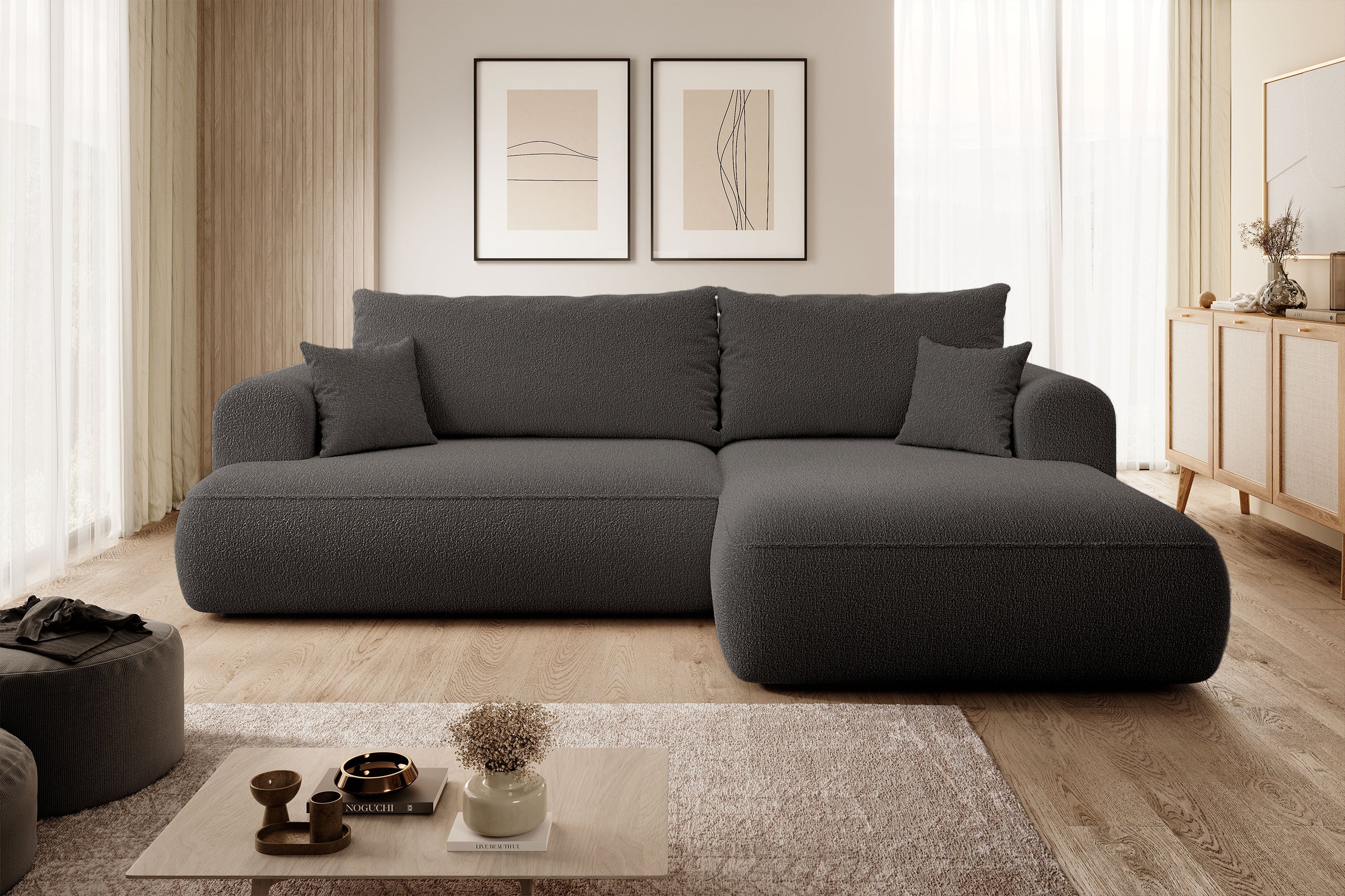 Ecksofa mit Schlaffunktion Ovo, L-förmig, dunkelgrau mit Stauraum, Bouclé, rechtsseitig