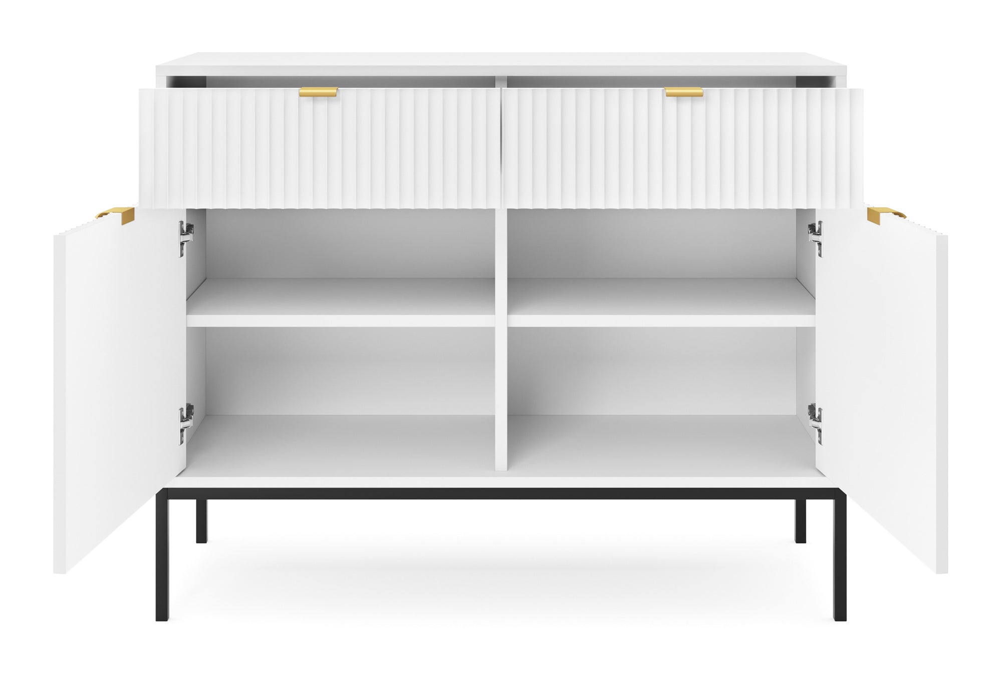 Zweiturige Kommode Vellore 104 cm weiß mit gerillten Fronten und goldenen Griffen