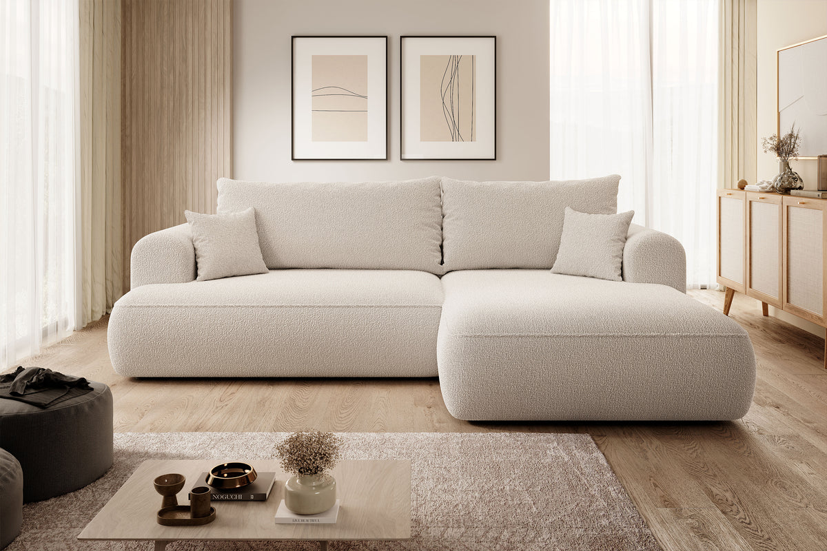 Ecksofa mit Schlafunktion Ovo, L-förmig, beige mit Stauraum, Bouclé, rechtsseitig