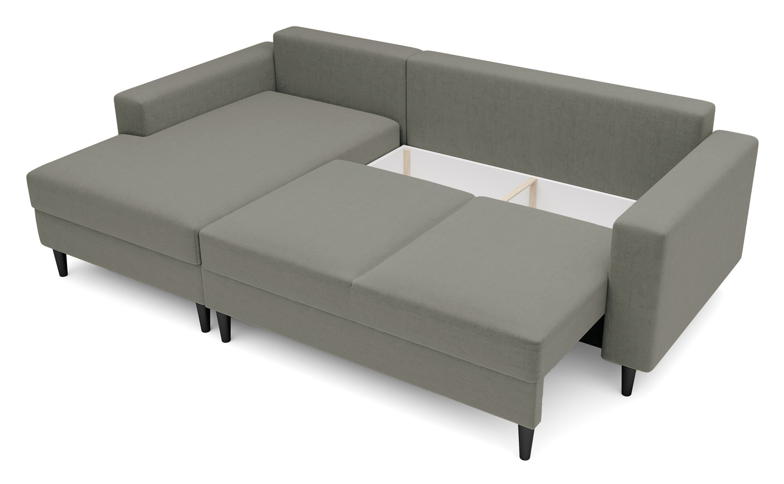 Ecksofa mit Schlaf-Funktion Nalika, L-förmig, mit Stauraum, dunkelbeige, hydrophober Samt, linksseitig