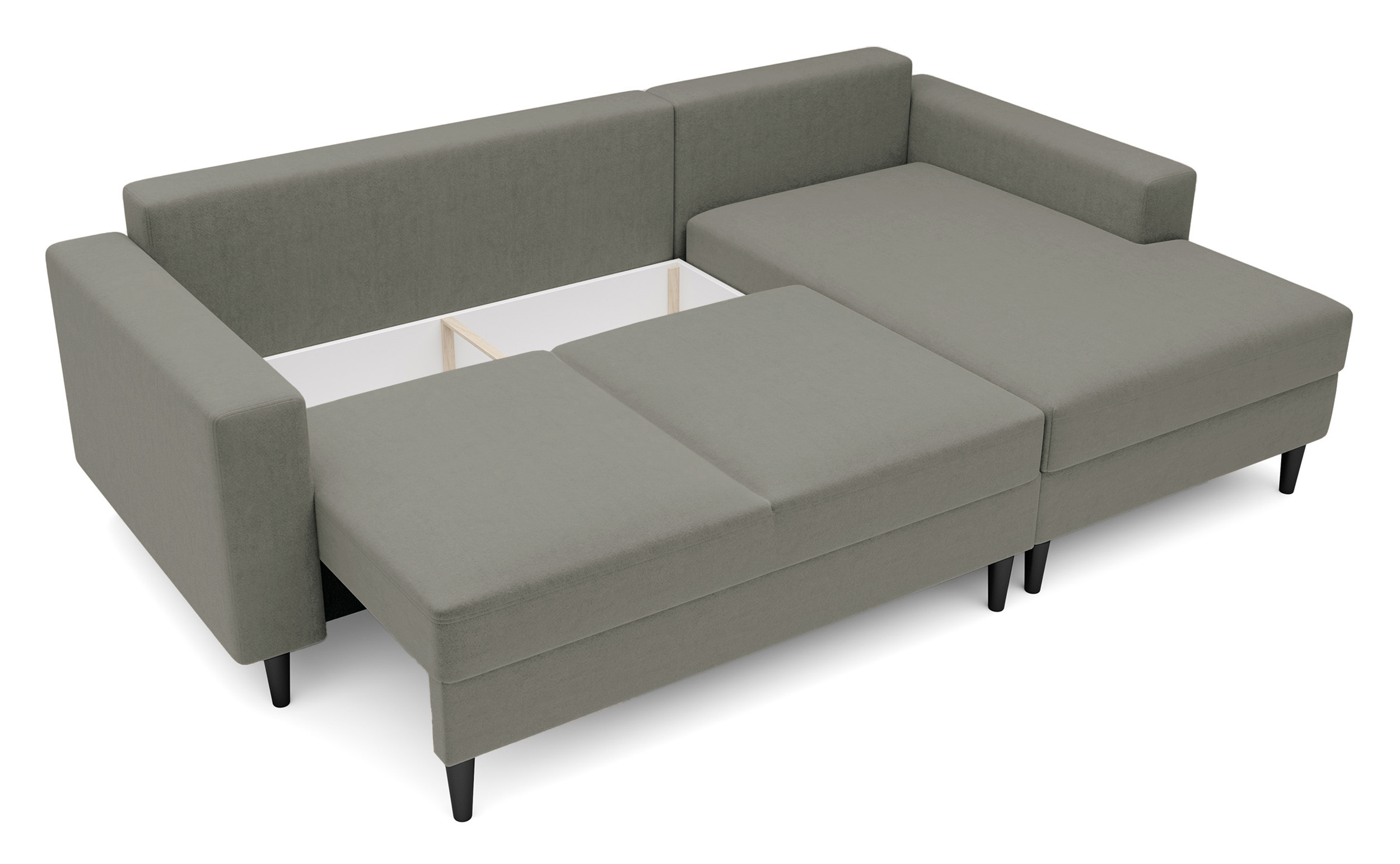 Ecksofa mit Schlafunktion Nalika, L-förmig, mit Stauraum, dunkelbeiger, wasserabweisender Samt, rechtsseitig