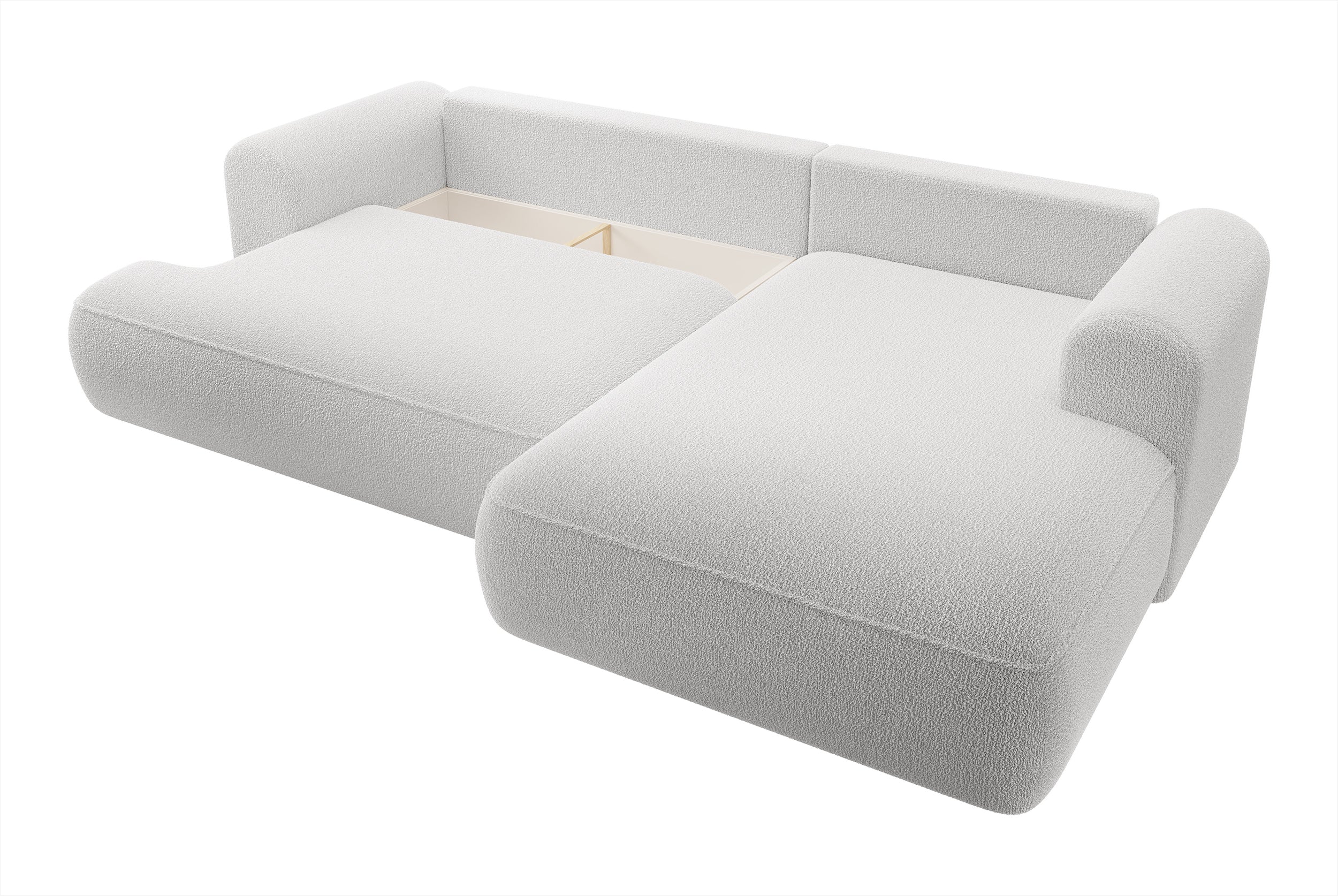 Ecksofa mit Schlaffunktion Ovo, L-förmig, grau, mit Stauraum, Bouclé, rechtsseitig