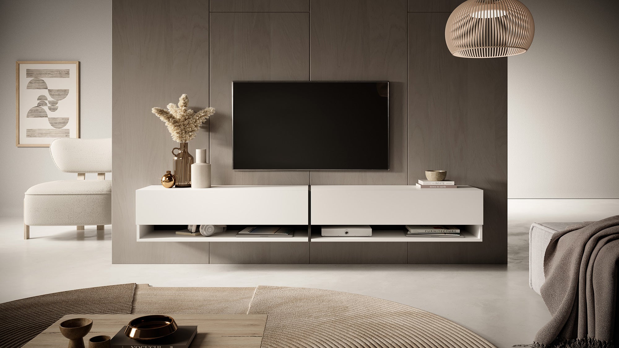 TV-Schrank Mirrgo 200 cm weiß mit grafitfarbenen Einsätzen